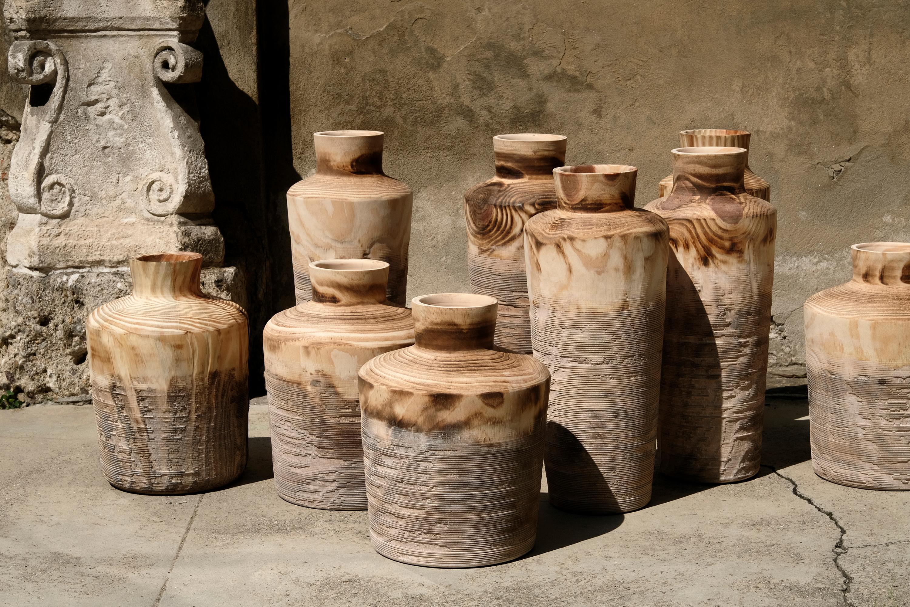 Modern Turned Wood Pine Vase 'Alberi Short' Made in Italy