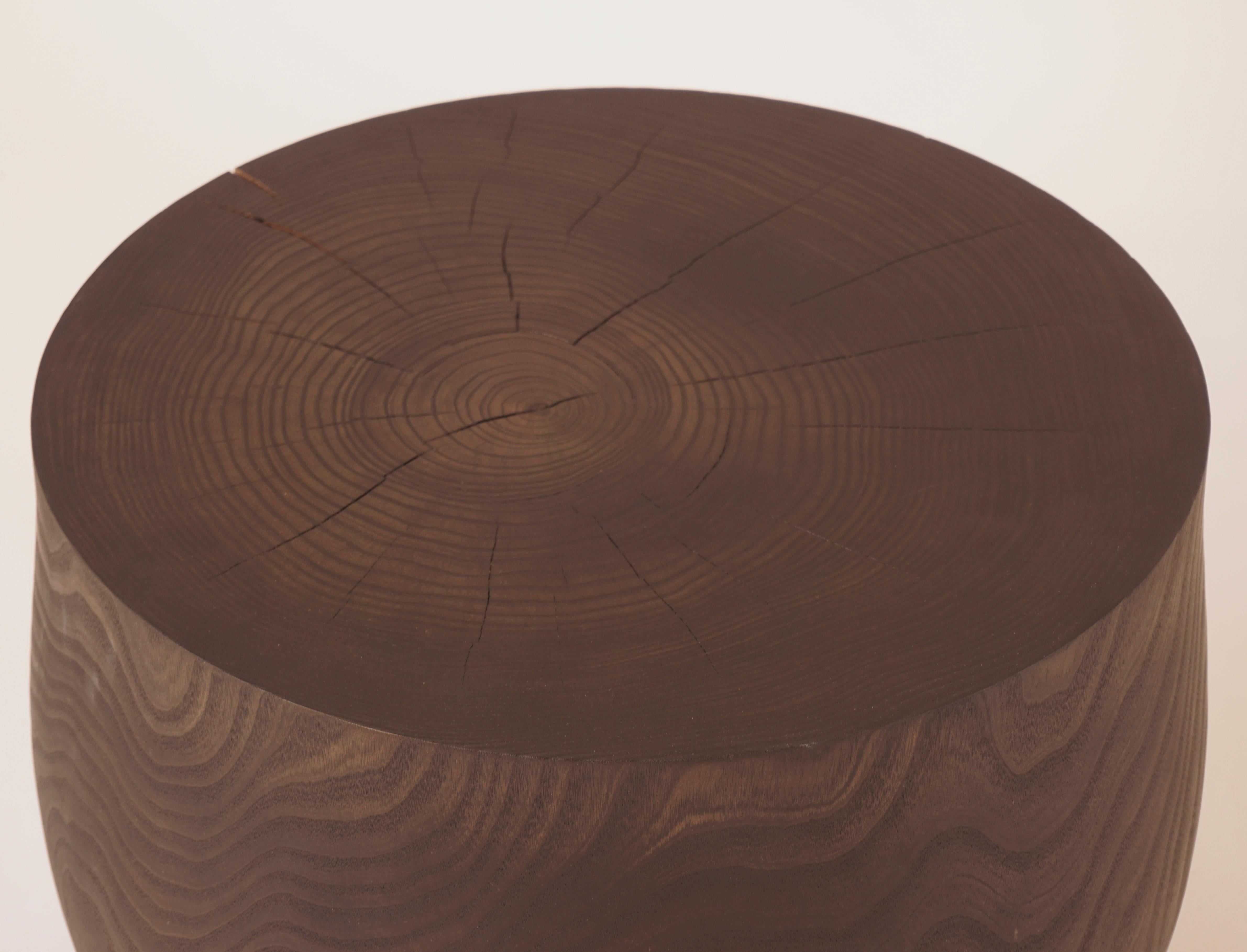 This newest shape was added to Lehrecke's pedestal collection in 2018. The piece was turned on a custom built lathe, set to dry for three months and then ebonised and given an oil waxed finish. Catalpa is fast growing and locally sourced wood from