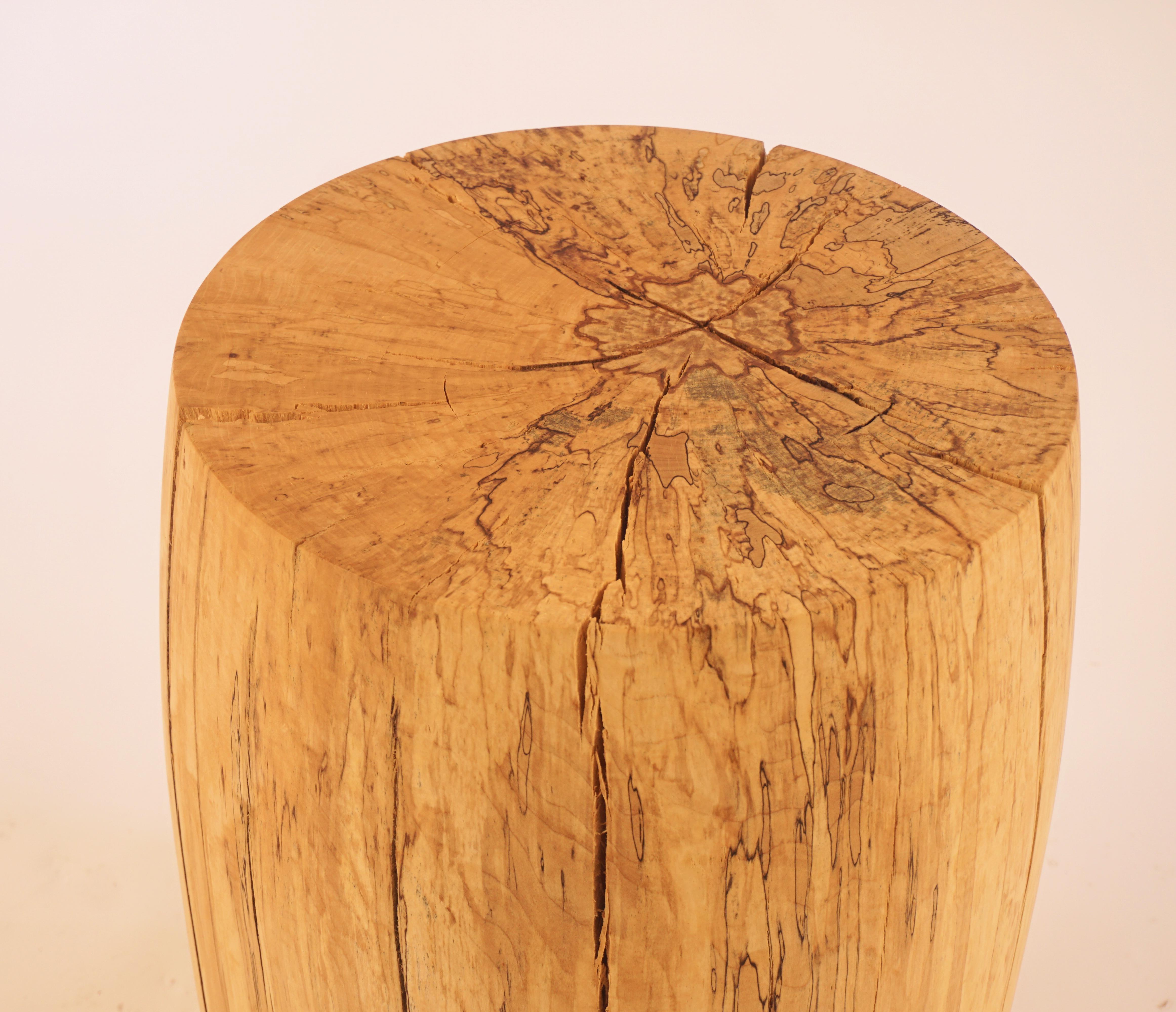 This custom pedestal table #9 in spalted maple is one of the ten original shapes in the Lehrecke Pedestal collection from 1996. The piece was turned on a custom built lathe, set to dry for three months and then finished with an oil rubbed finish.  
