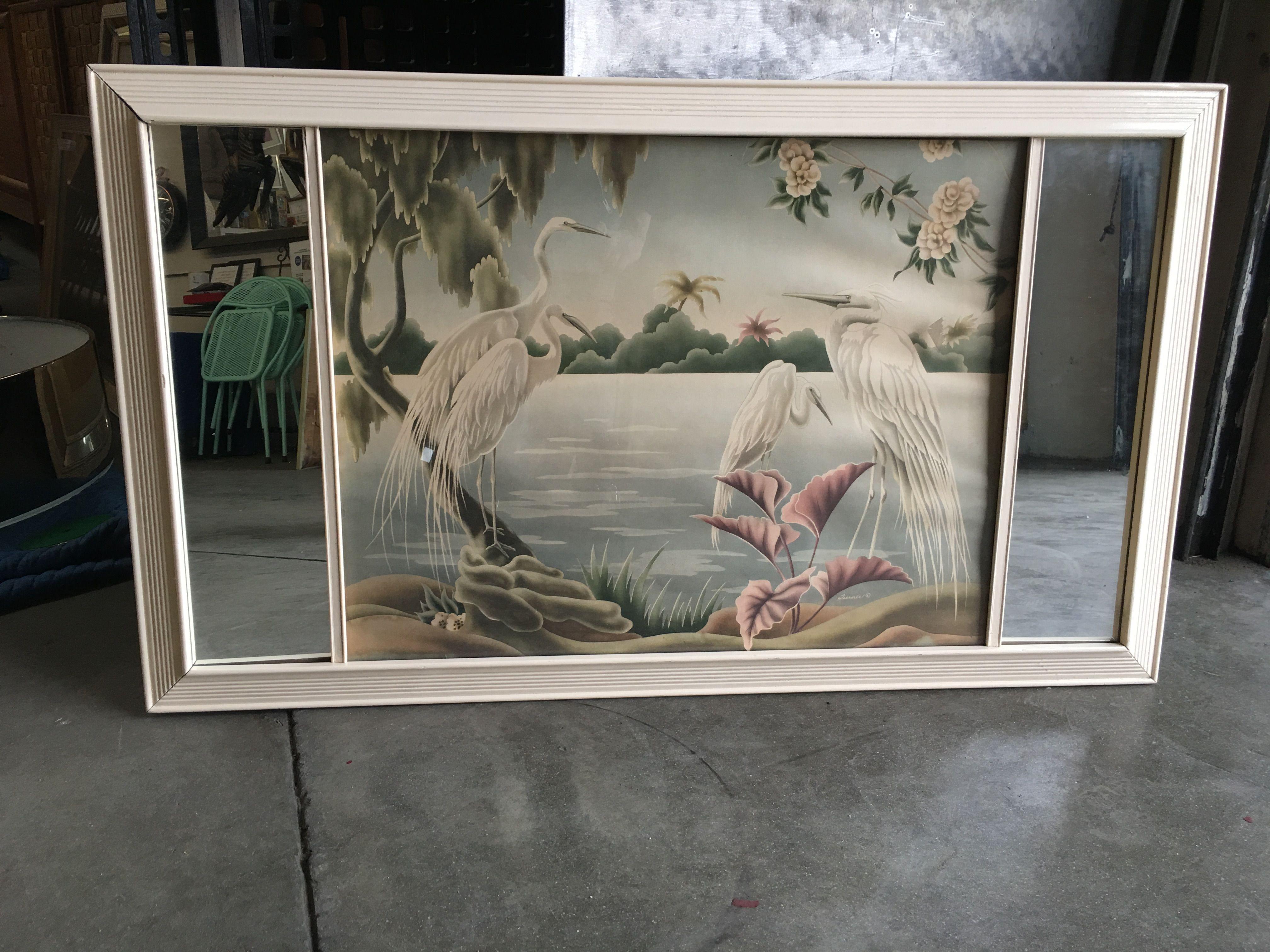 Original airbrushed cranes (original airbrushed over a print) for the Turner Company, circa 1948, in the original double mirrored frame. A great example of the post-WWII Hawaiian and tropical art/decorating boom. Great for vintage Art Deco dwellings