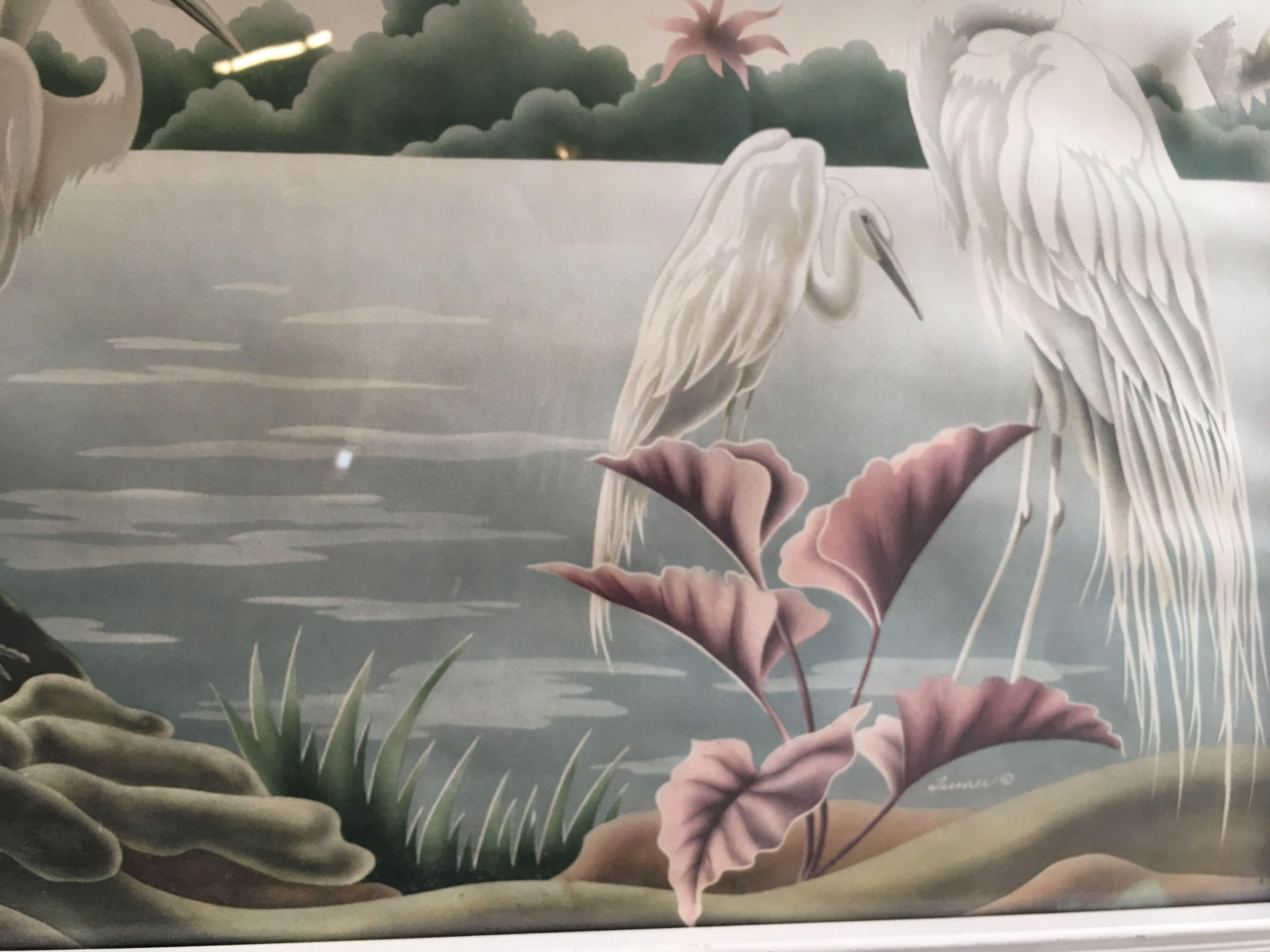 Turner Airbrush Cranes Hawaiian in Original Double Mirror Frame In Excellent Condition In Van Nuys, CA