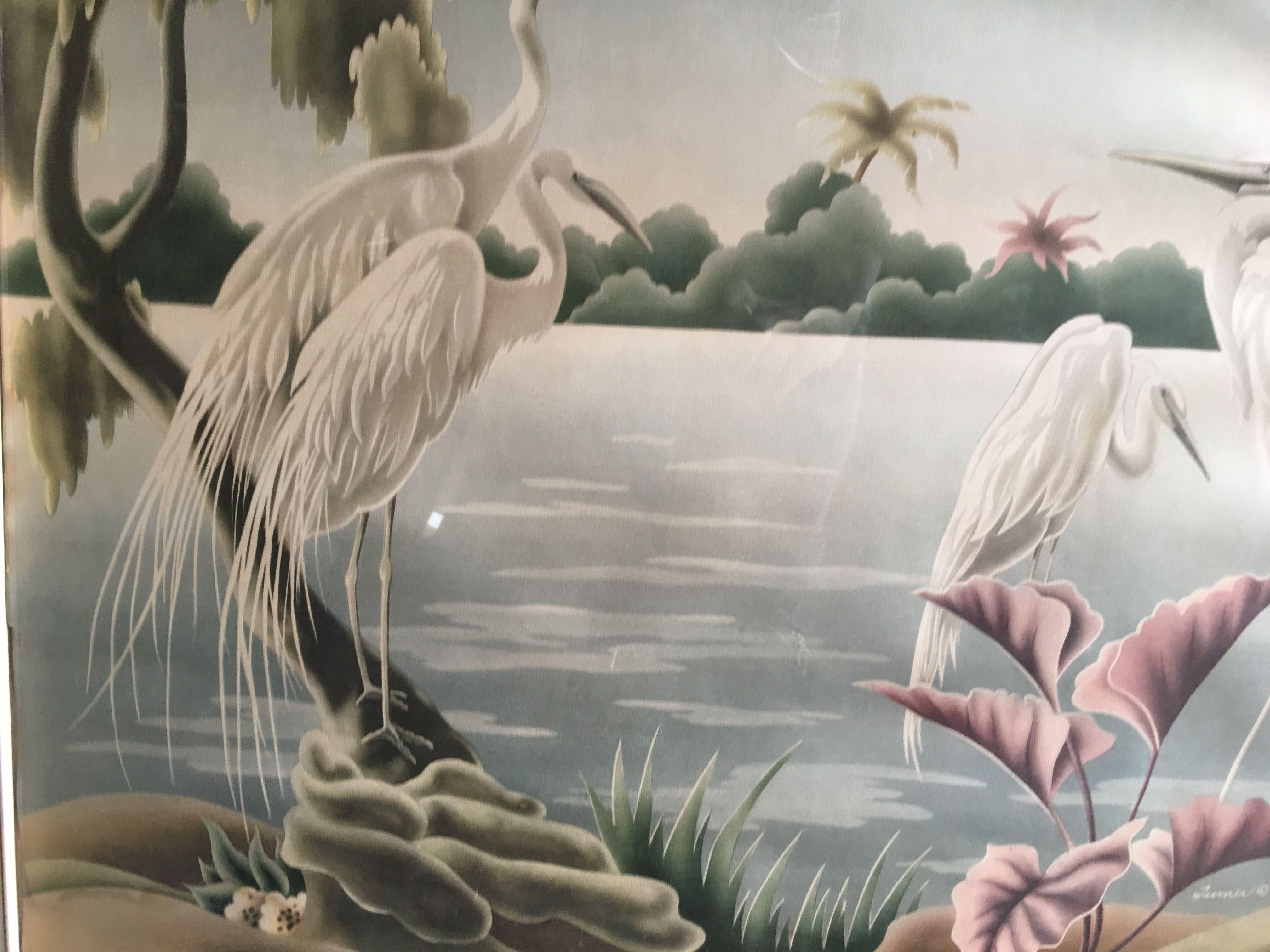 Mid-20th Century Turner Airbrush Cranes Hawaiian in Original Double Mirror Frame