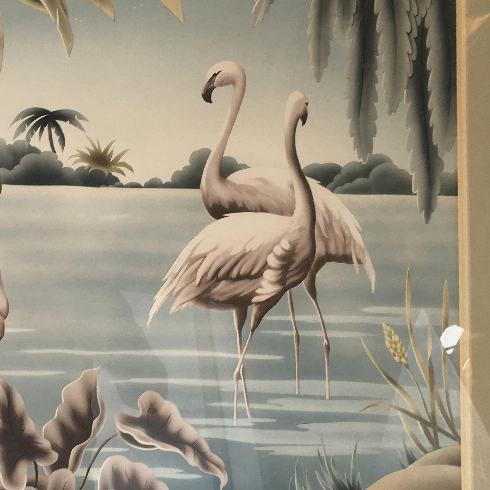 Original Airbrushed Flamingos (original airbrushed over a print) for the Turner Company, circa 1948 in the original hardwood frame carved into a bamboo shape. A great example of the post-WWII Hawaiian and tropical art/decorating boom. Great for