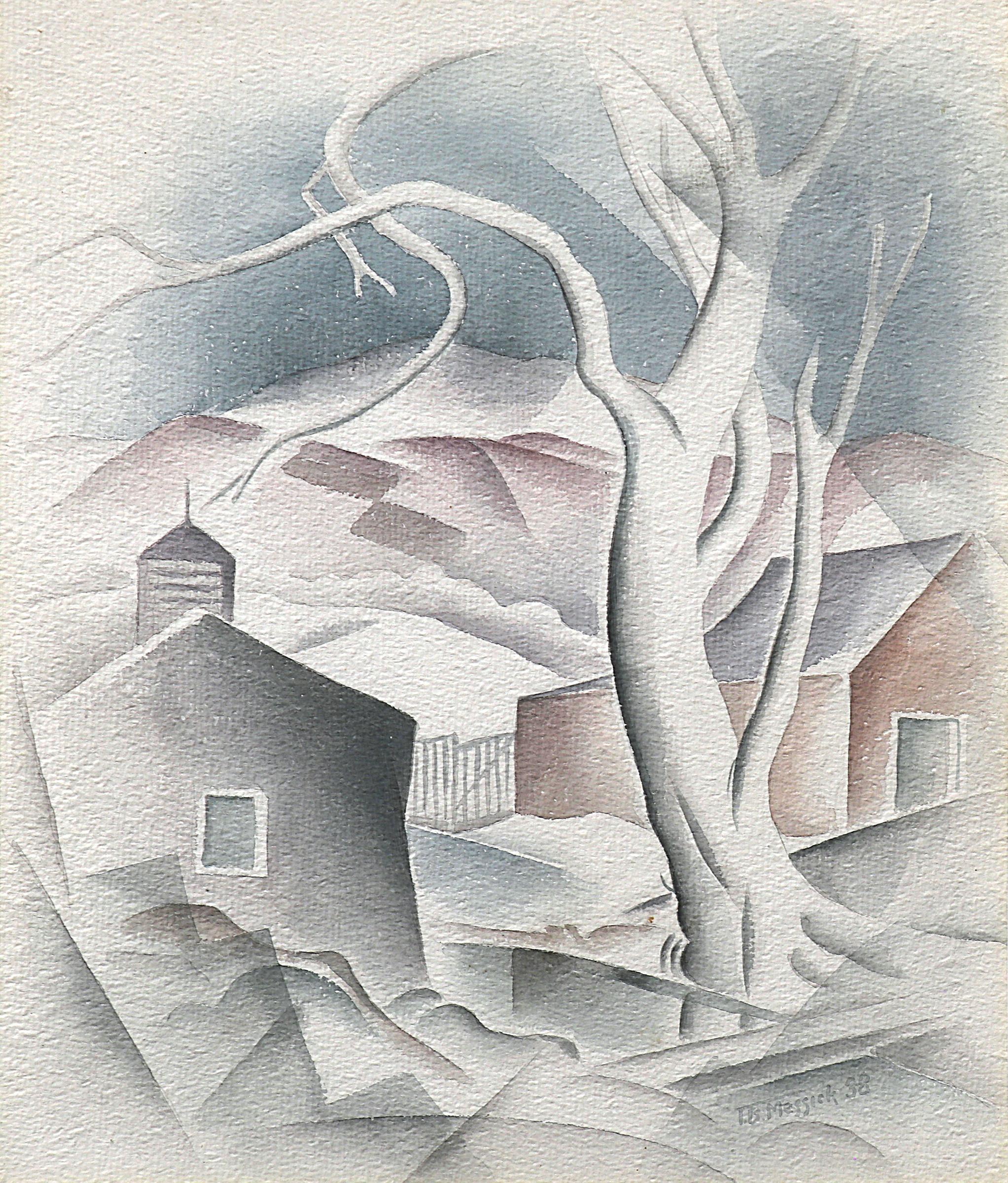 Peinture de paysage moderniste du Colorado des années 1930 représentant des arbres, des montagnes et des maisons - Art de Turner B. Messick