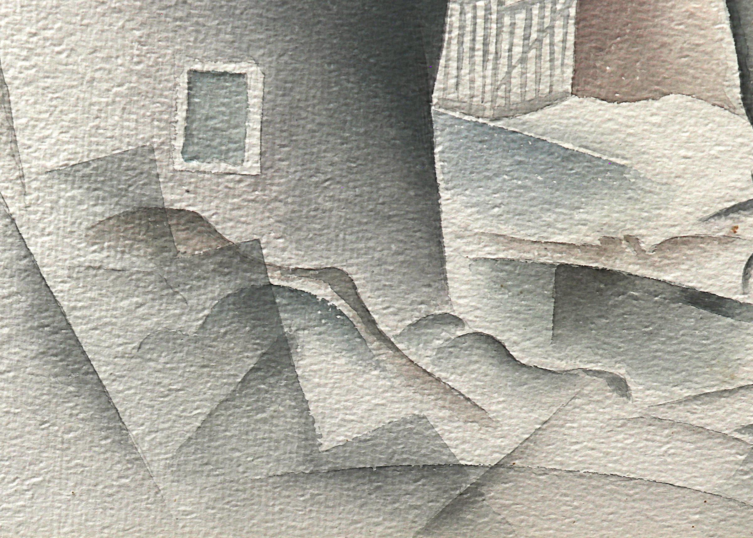 Modernistische Landschaft in Colorado, Aquarell auf Papier von Turner B. Messick (1878-1952) aus dem Jahr 1938. Baum mit Häusern und Bergen im Hintergrund, gemalt in Weiß-, Grau-, Lila- und Blautönen. Bild ist 16¾  x 14 Zoll, gerahmt sind die Maße