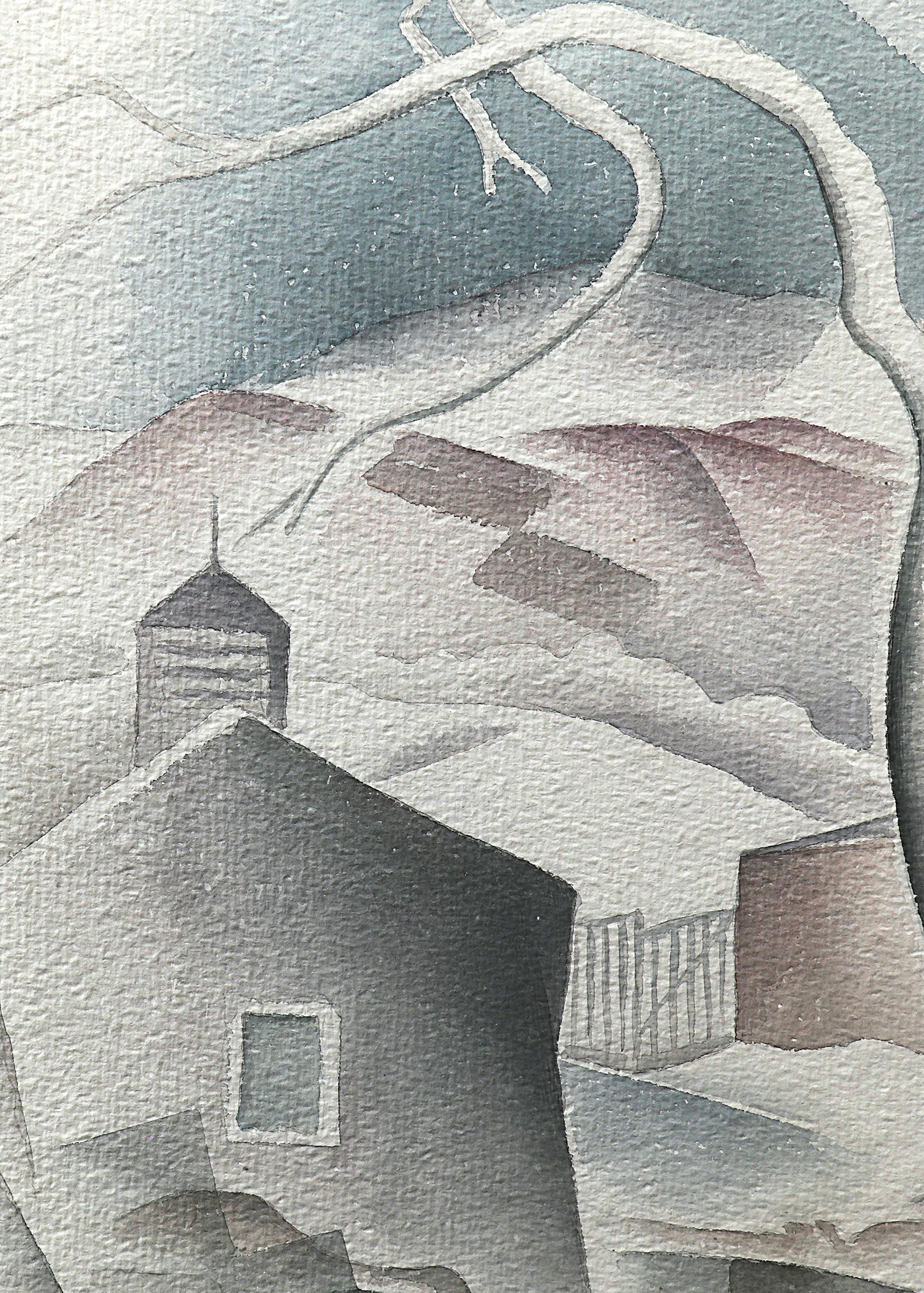 Paysage moderniste du Colorado, aquarelle sur papier de Turner B. Messick (1878-1952) datant de 1938. Arbre avec des maisons et des montagnes en arrière-plan, peint dans des tons de blanc, de gris, de violet et de bleu. L'image est de 16¾  x 14