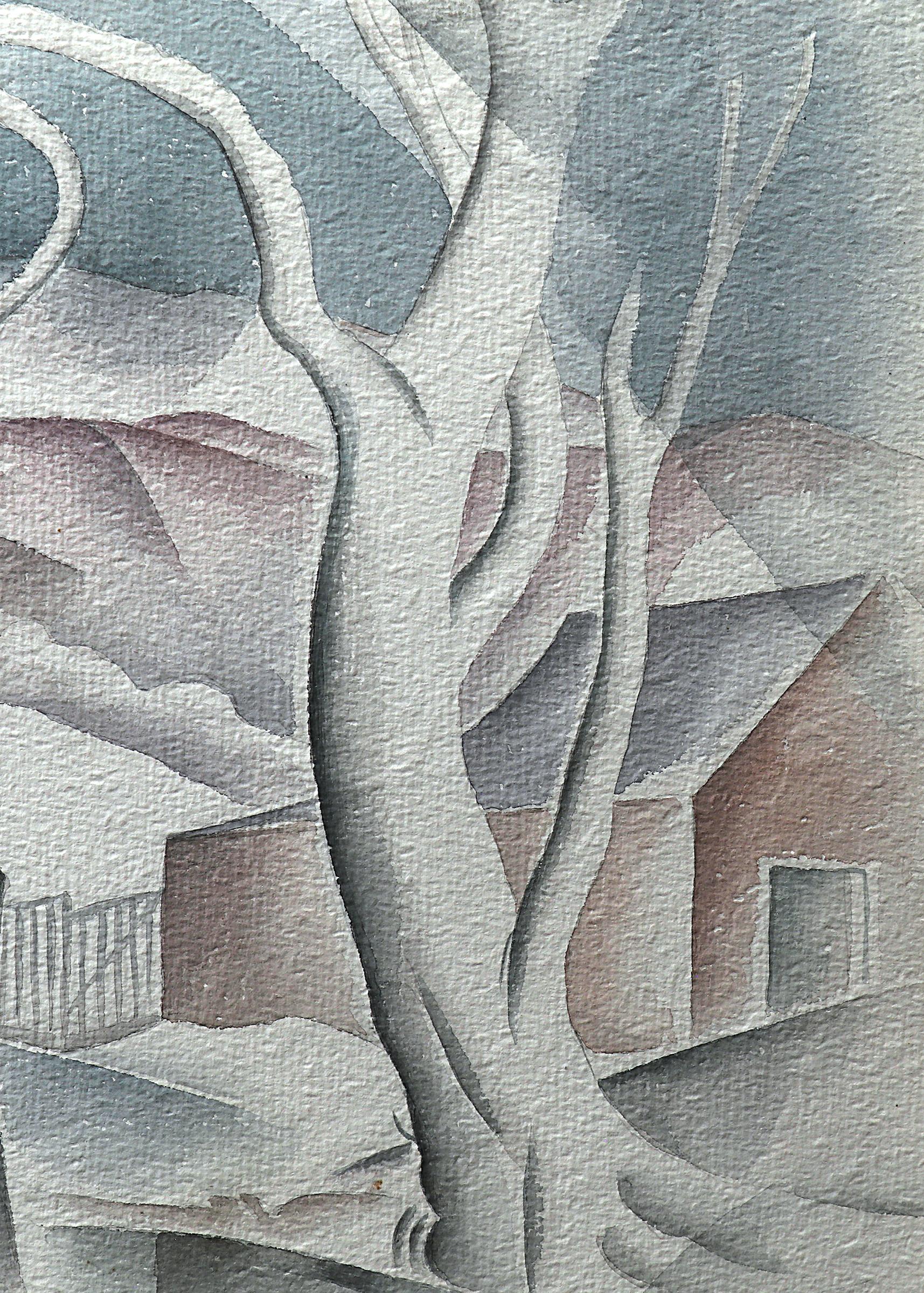 Peinture de paysage moderniste du Colorado des années 1930 représentant des arbres, des montagnes et des maisons en vente 1