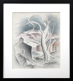 Peinture de paysage moderniste du Colorado des années 1930 représentant des arbres, des montagnes et des maisons