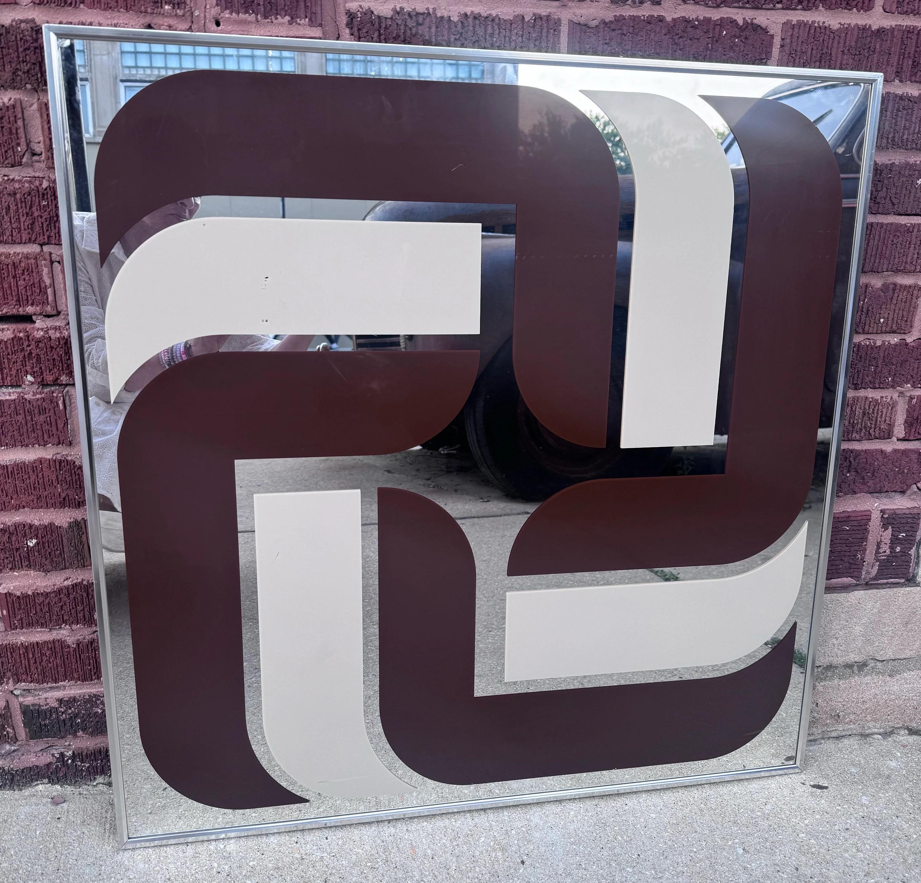 Turner Design Mid Century Modern Op Art Brown & White Geometric Mirror Wall Art In Good Condition In Chicago, IL