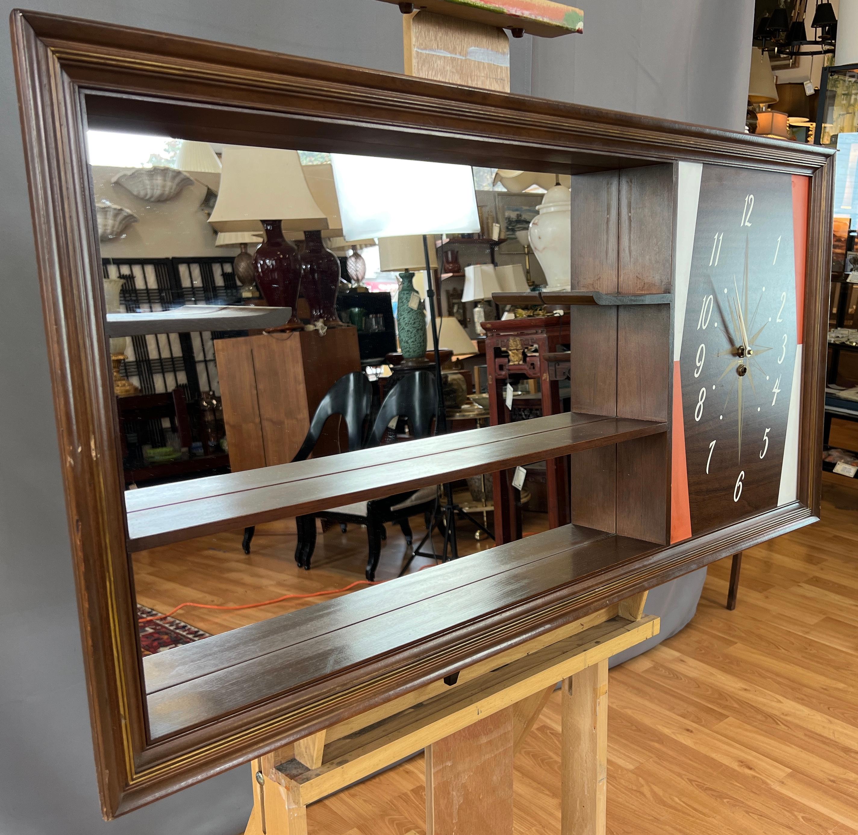 Turner Mfg. Co. Walnut Mirrored Curio Shelf Wall Clock, 1960s In Good Condition In San Francisco, CA