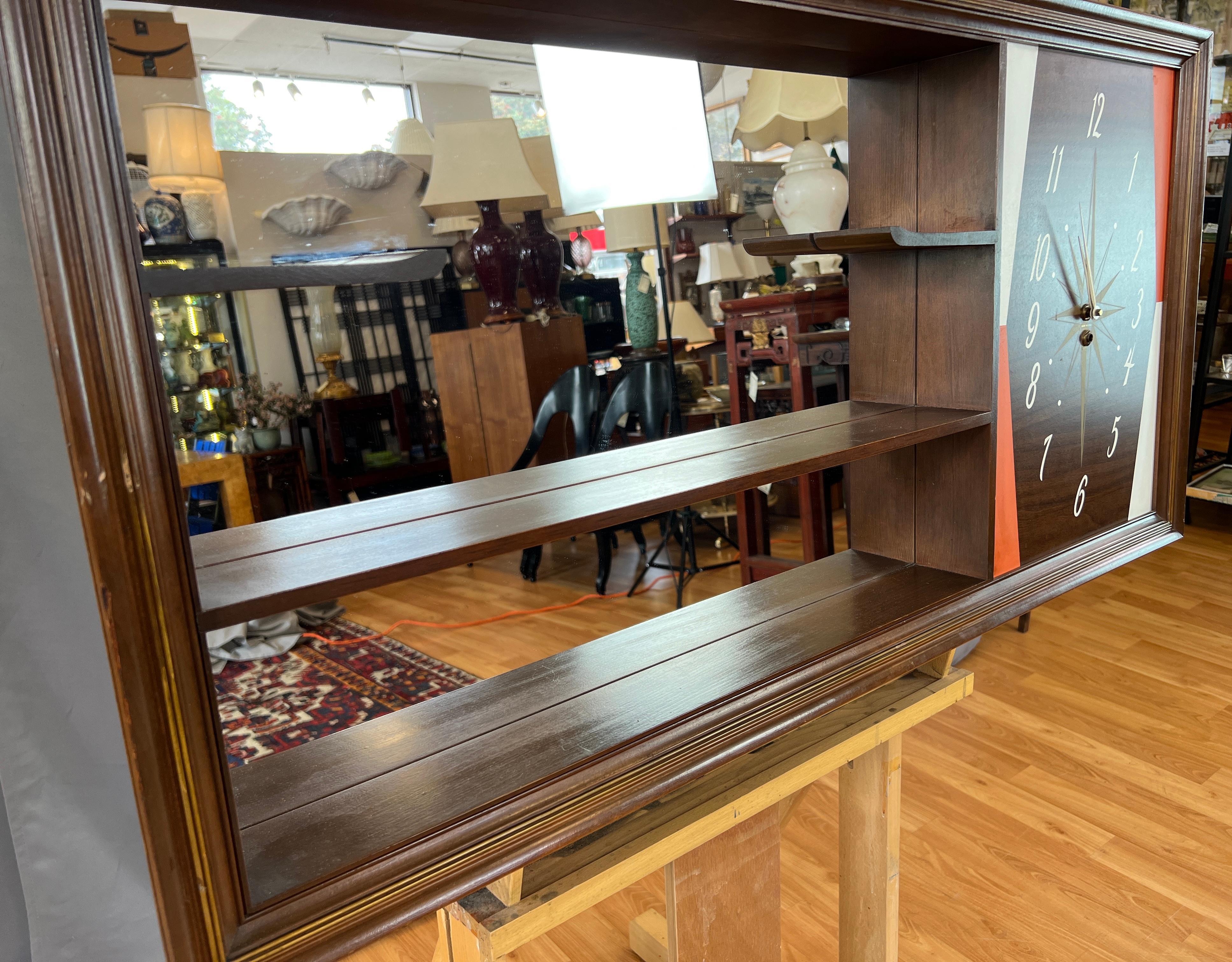 Mid-20th Century Turner Mfg. Co. Walnut Mirrored Curio Shelf Wall Clock, 1960s