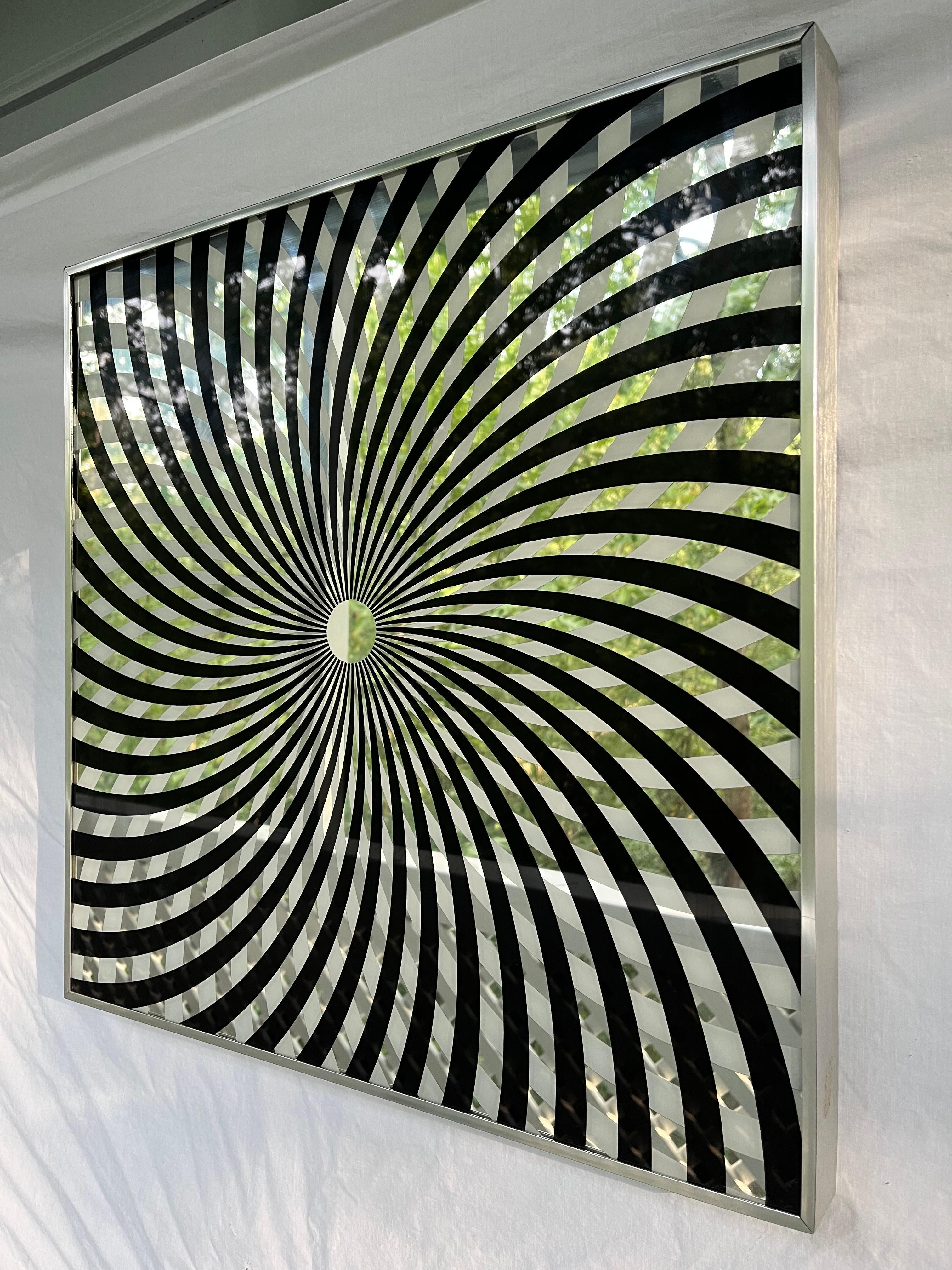 Aluminium Turner Vintage Op Art Miroir Pop Art noir et blanc en forme de roue d'épingle dans un cadre en aluminium