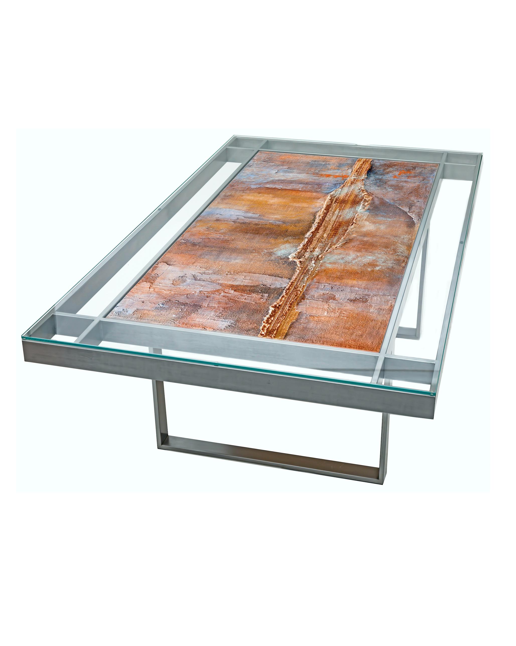 Table de salle à manger « Turner » surmontée de verre avec base en fer satiné Neuf - En vente à Roma, RM