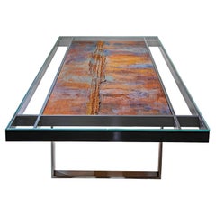 Tavolo da pranzo con piano in vetro "Turner's Dream" e base in ferro satinato