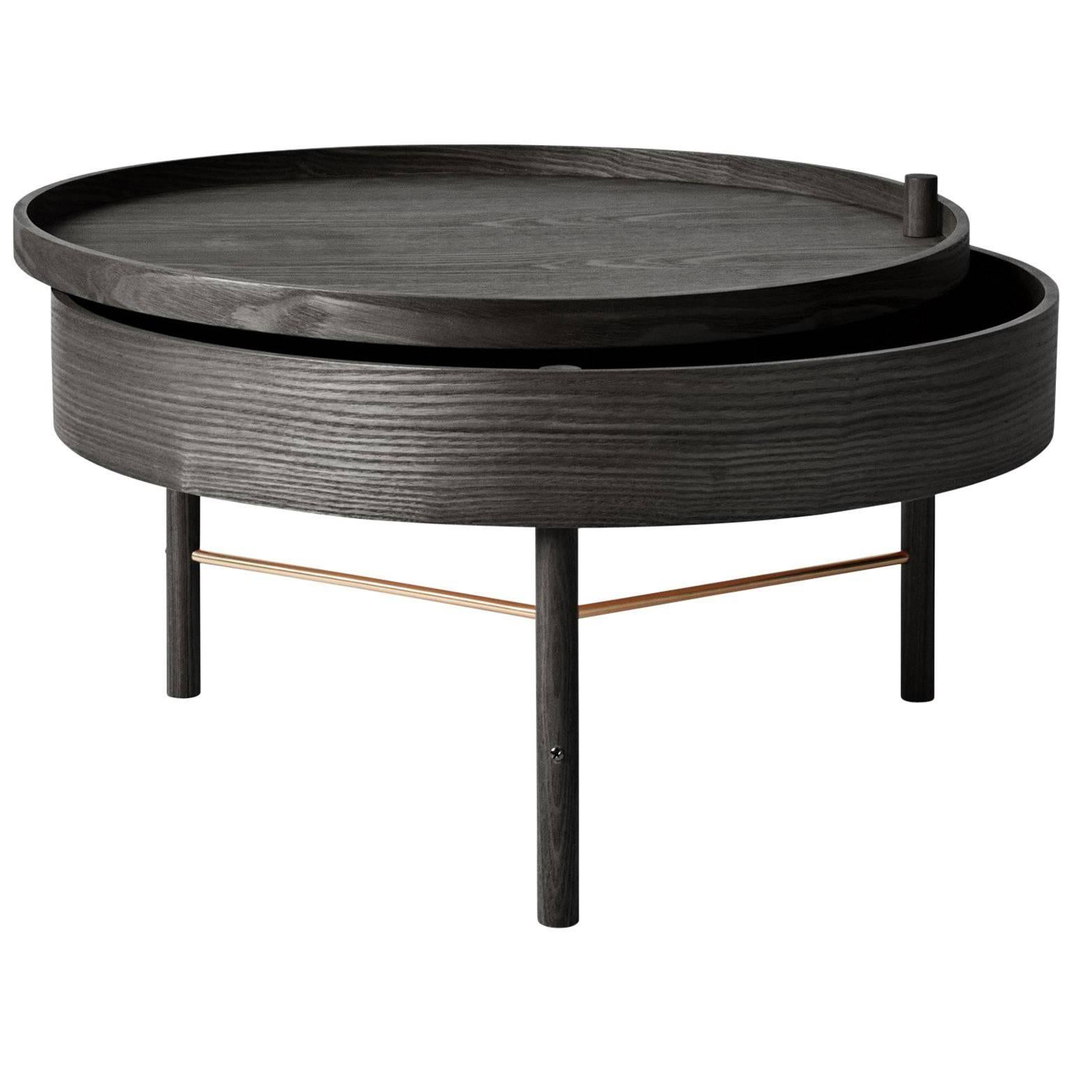 Turning Table by Theresa Arns, Coffee Table with Storage in Dark Oak and Brass For Sale