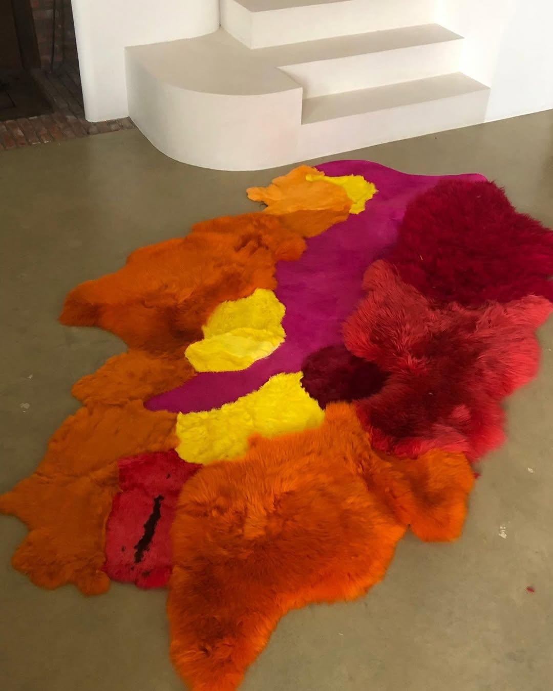 Organic Shape Hand-Dyed Turqoise & Cognac European Sheepskin Rug by Carine Boxy For Sale 4