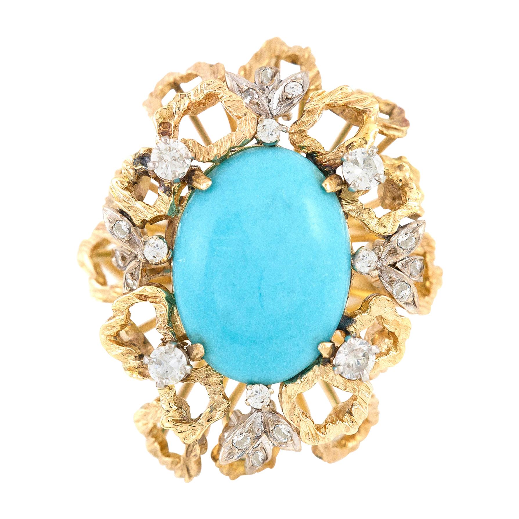Turquoise 14 Karat with Diamonds and Open Squares For Sale