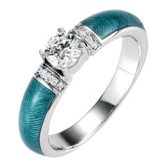 Turqouise Vitreous Enamel Ring 18k White Gold 0, 5ct Solitaire 10 diamonds total