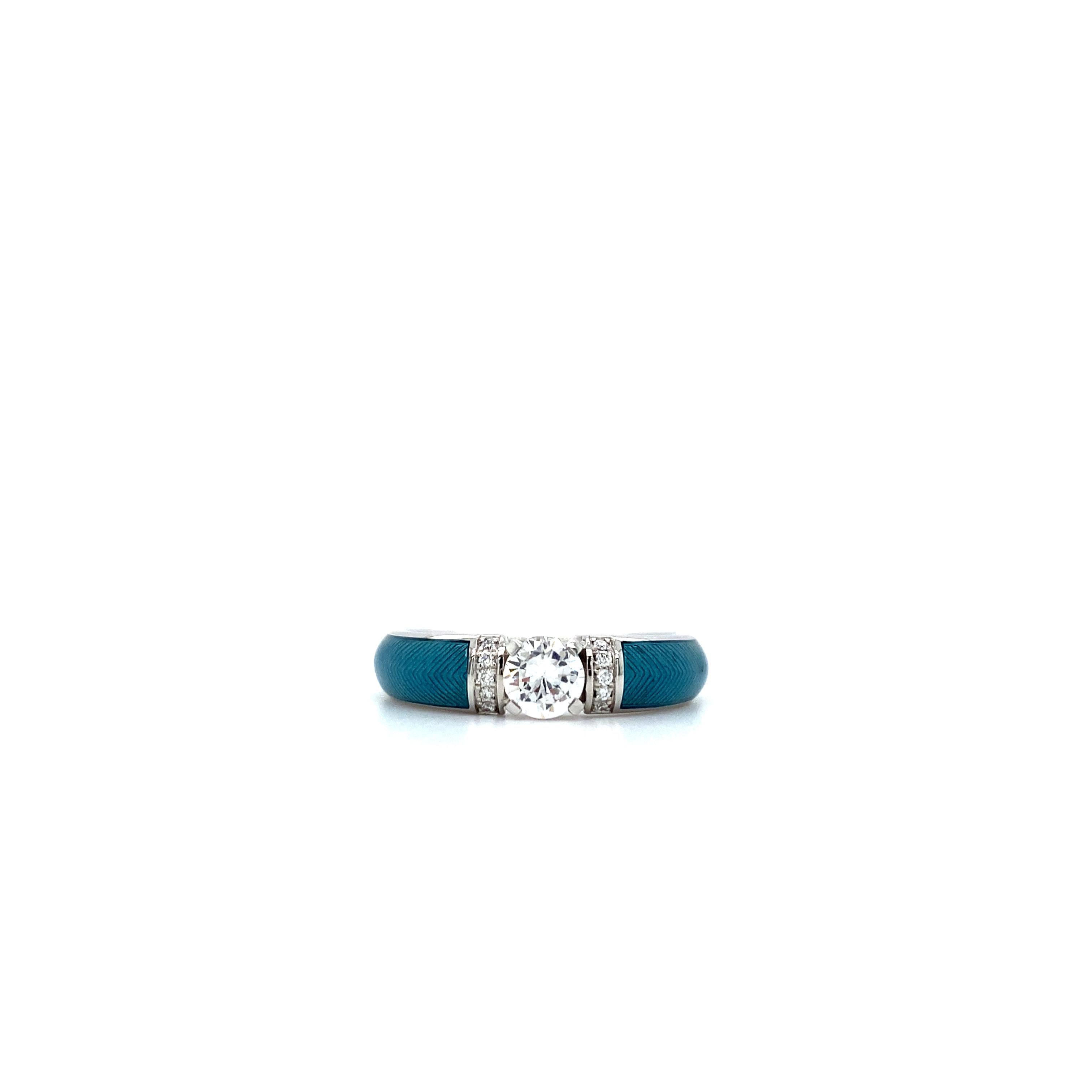 Türkisfarbener Vitreous Emaille-Ring 18k Weißgold 0,5ct Solitär 10 Diamanten insgesamt im Zustand „Neu“ im Angebot in Pforzheim, DE