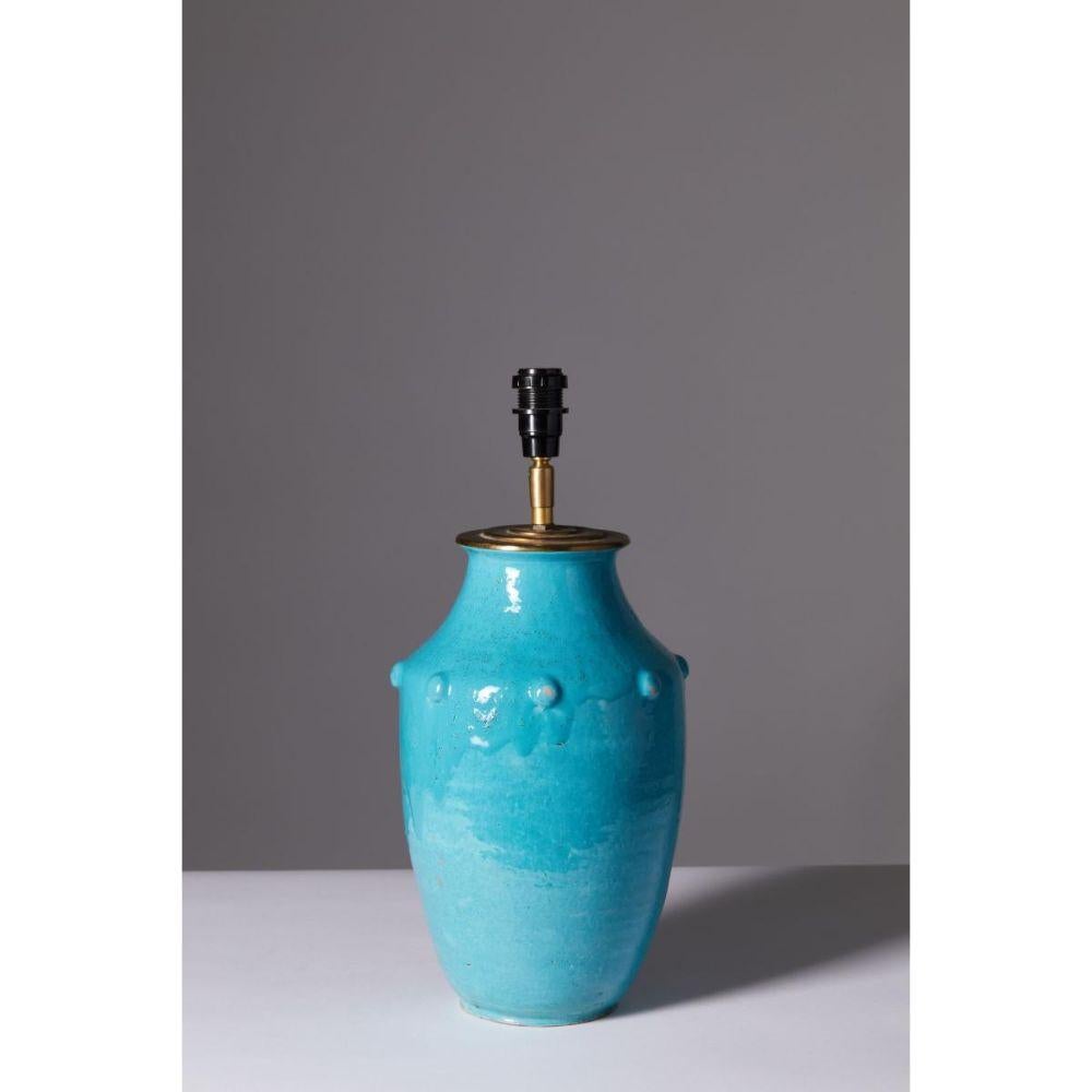 Français Lampe de table en céramique émaillée turquoise par Primavera le Printemps, vers 1930 en vente