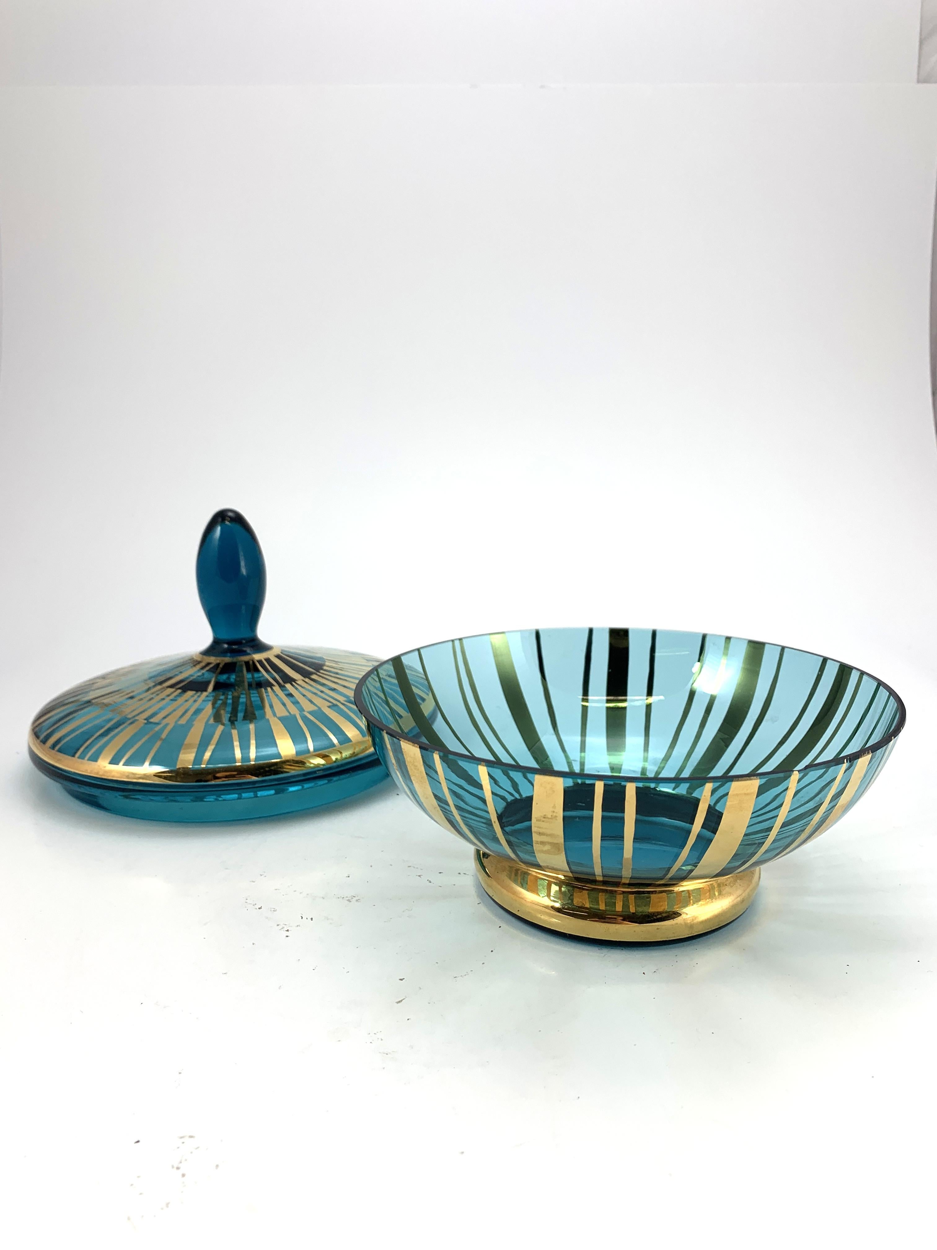 Turquise and Golden Glass Bonbonier, 1950s In Good Condition In Budapest, HU