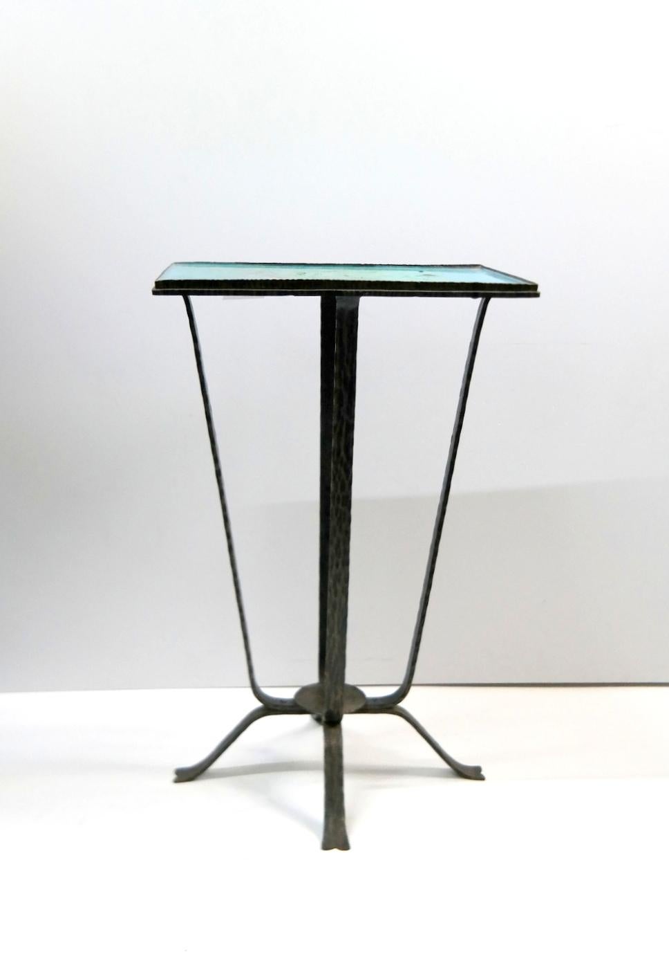 Turquise enameled ceramic and wrought iron flower stand, 1970s.
