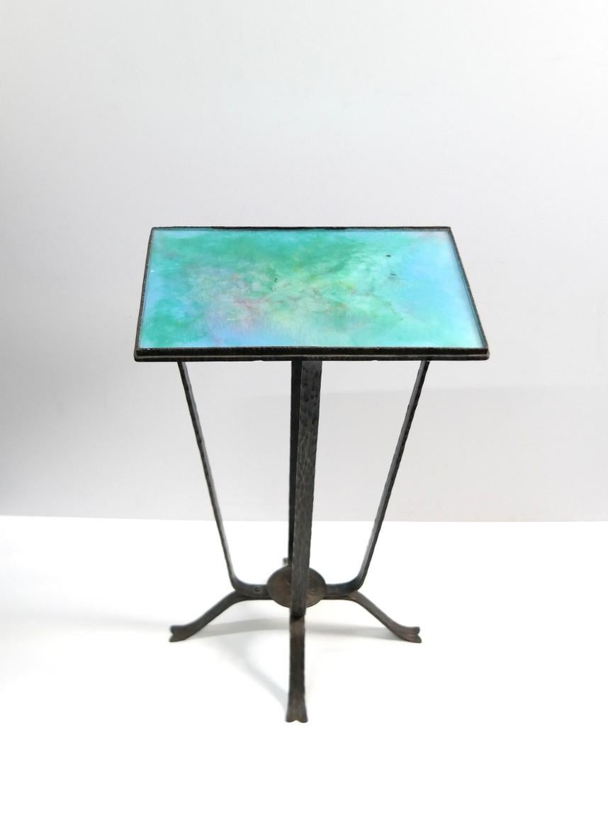 Rustic Turquise Enameled Ceramic and Wrought Iron Flower Stand, 1970s For Sale