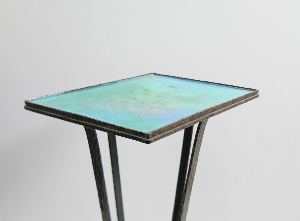 Turquise Enameled Ceramic and Wrought Iron Flower Stand, 1970s For Sale 2
