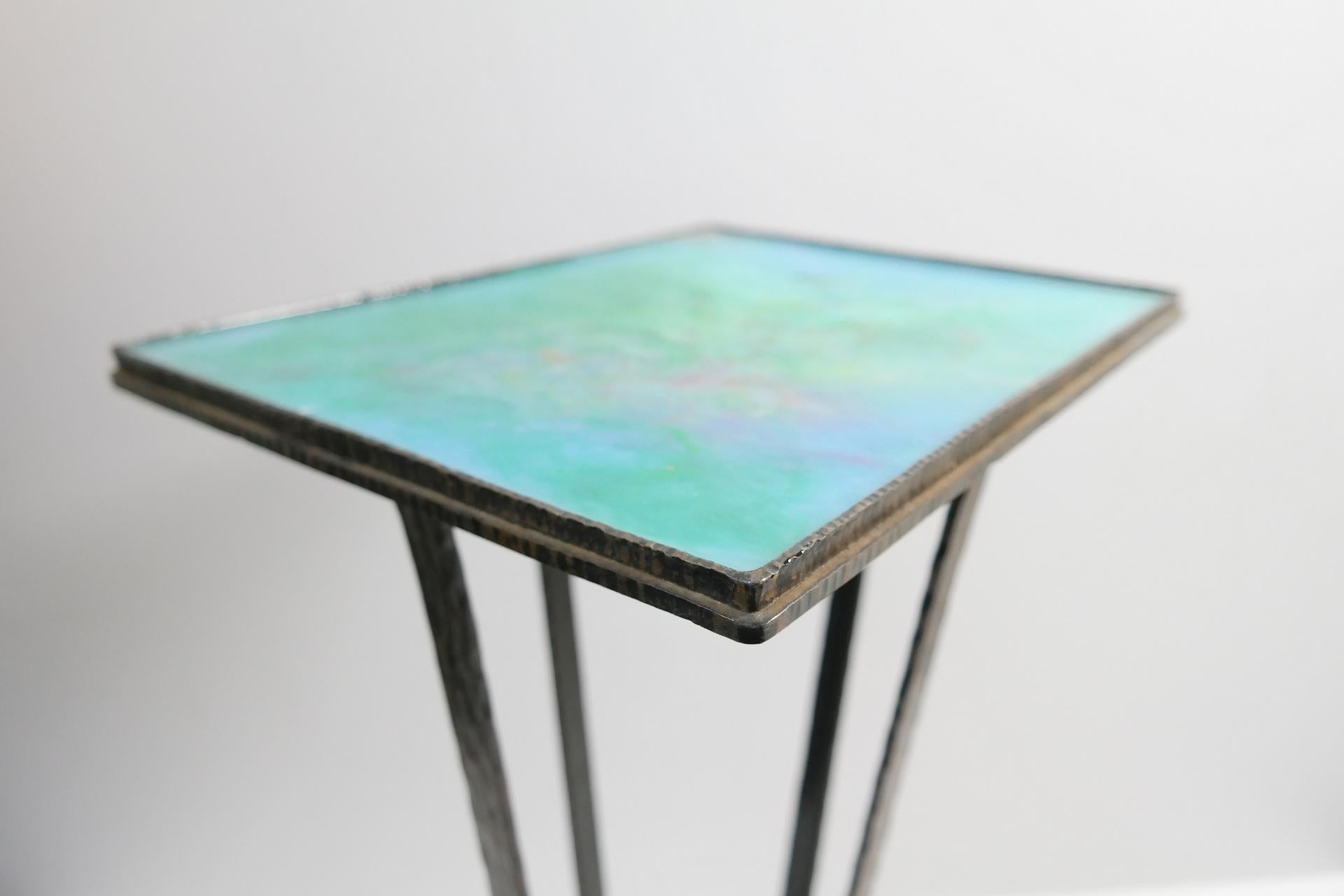 Turquise Enameled Ceramic and Wrought Iron Flower Stand, 1970s For Sale 3