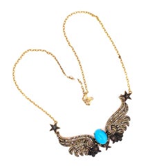 Turquise Necklace With Butterfly Wings In Pave Diamonds Made In 18k Yellow Gold