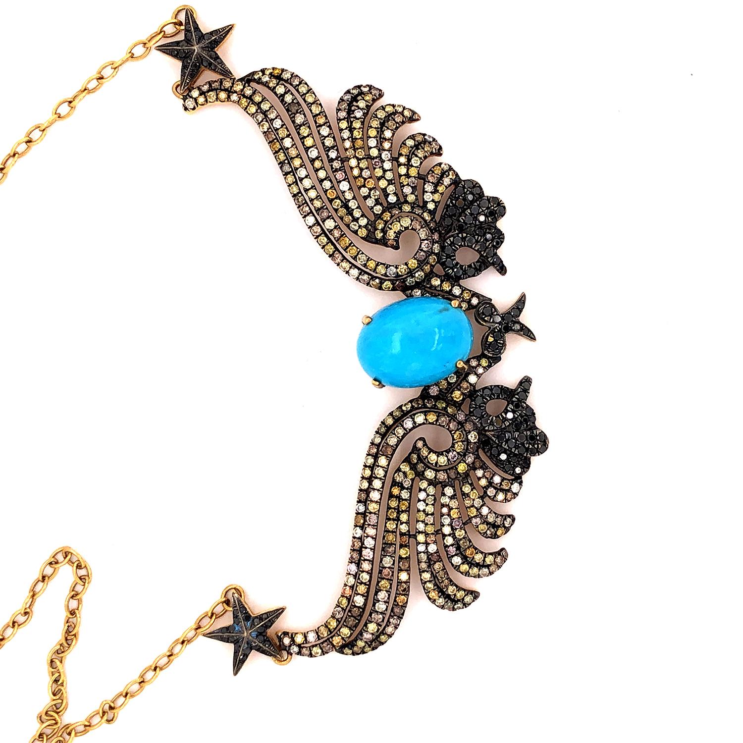 Turquise-Halskette mit Schmetterlingsflügeln aus 18 Karat Gelbgold mit Diamanten in Pavé-Fassung (Kunsthandwerker*in) im Angebot