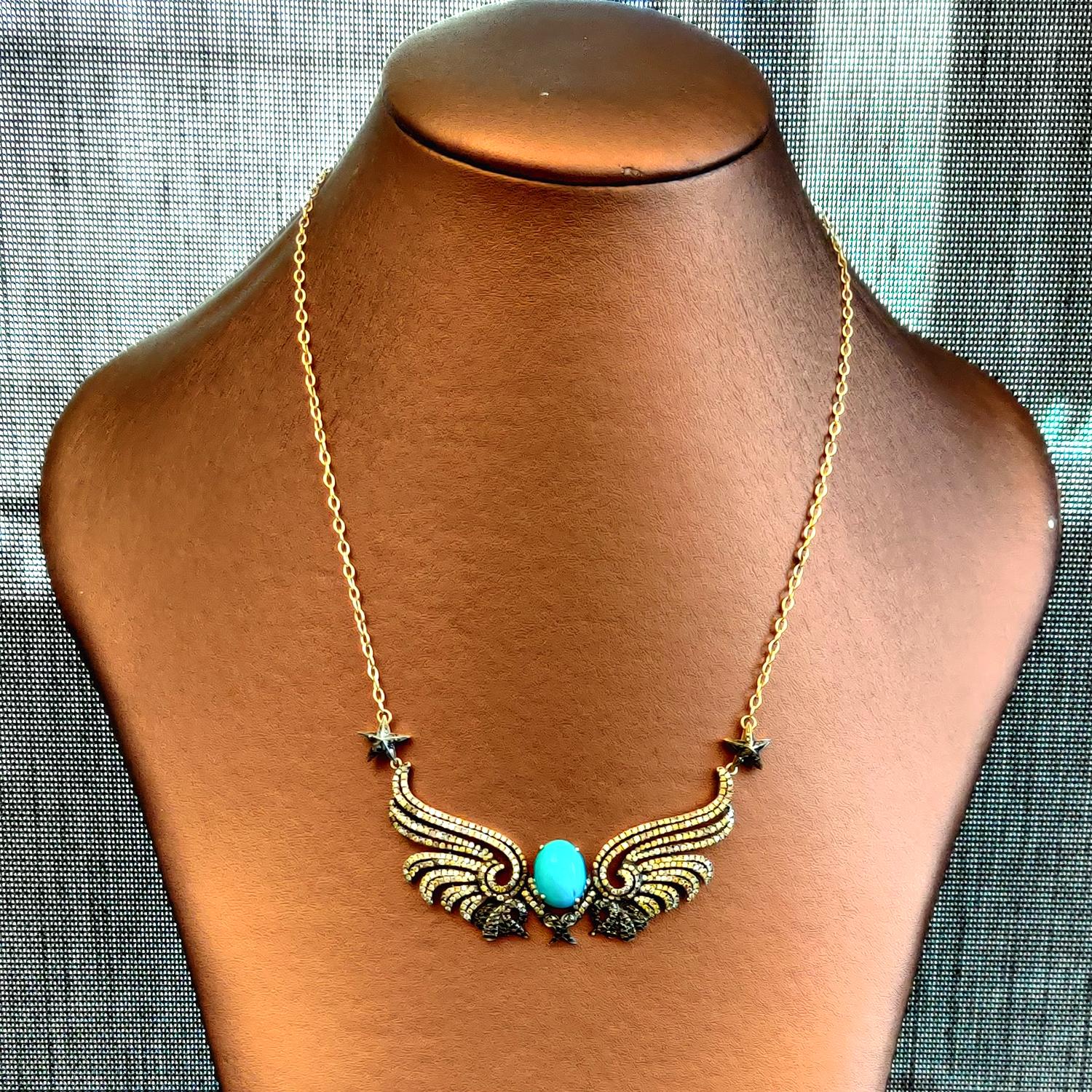 Mixed Cut Turquise Necklace With Butterfly Wings In Pave Diamonds Made In 18k Yellow Gold For Sale