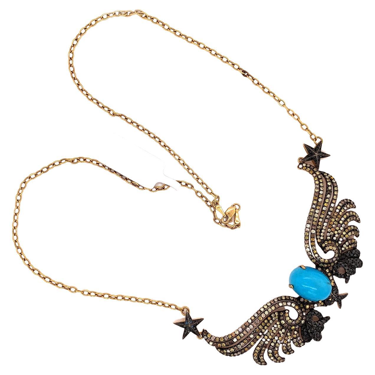 Turquise Necklace With Butterfly Wings In Pave Diamonds Made In 18k Yellow Gold For Sale