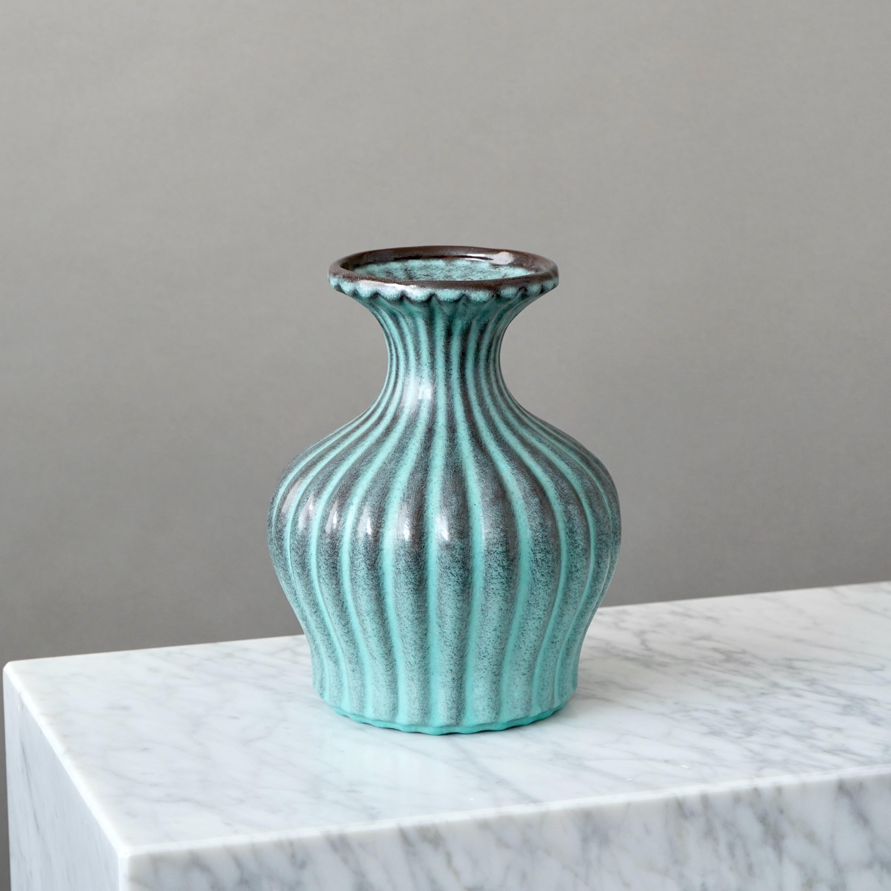 Swedish Turquois Art Deco Ceramic Vase by Ewald Dahlskog, Bo Fajans, Sweden, 1930s For Sale