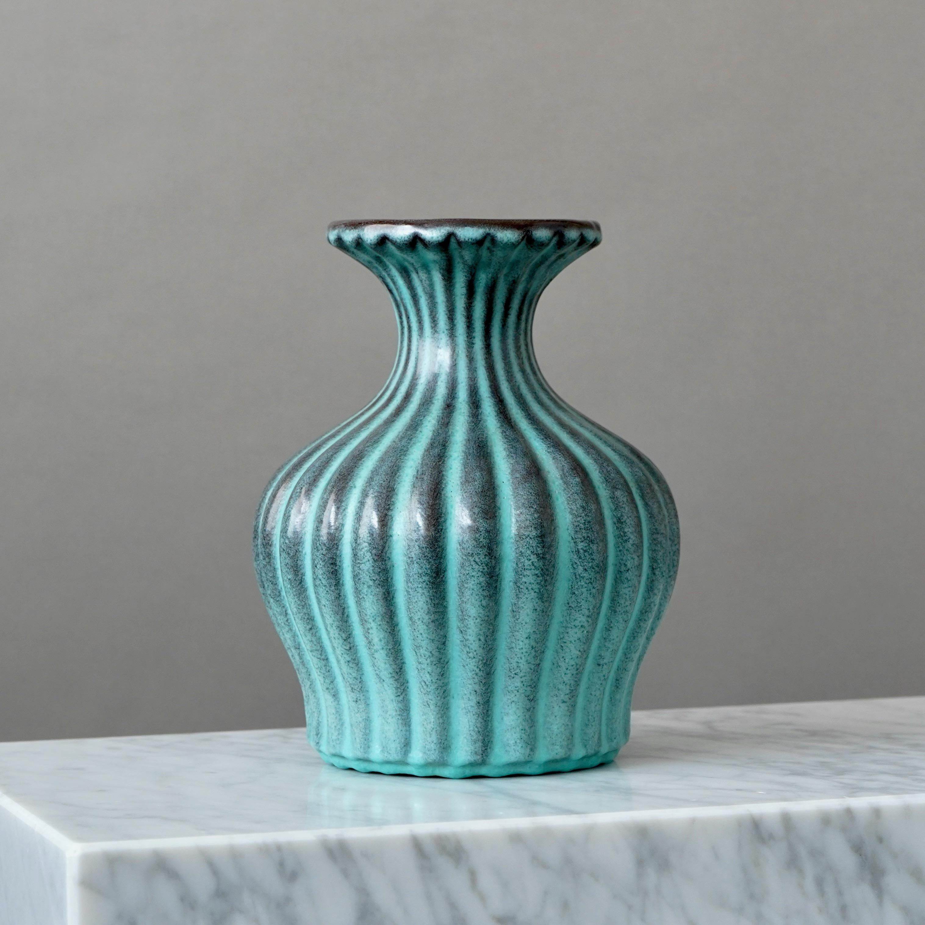 Glazed Turquois Art Deco Ceramic Vase by Ewald Dahlskog, Bo Fajans, Sweden, 1930s For Sale