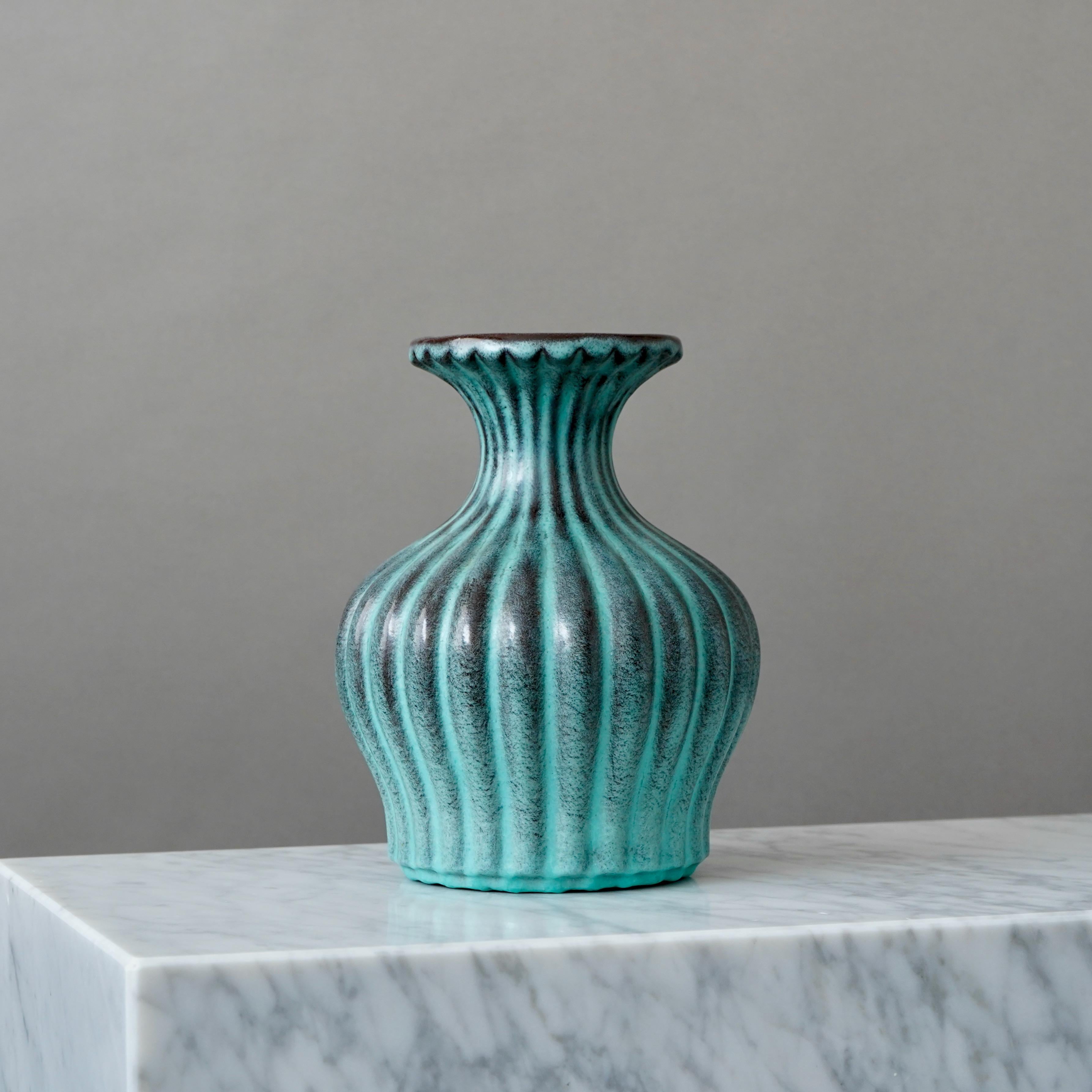 20th Century Turquois Art Deco Ceramic Vase by Ewald Dahlskog, Bo Fajans, Sweden, 1930s For Sale