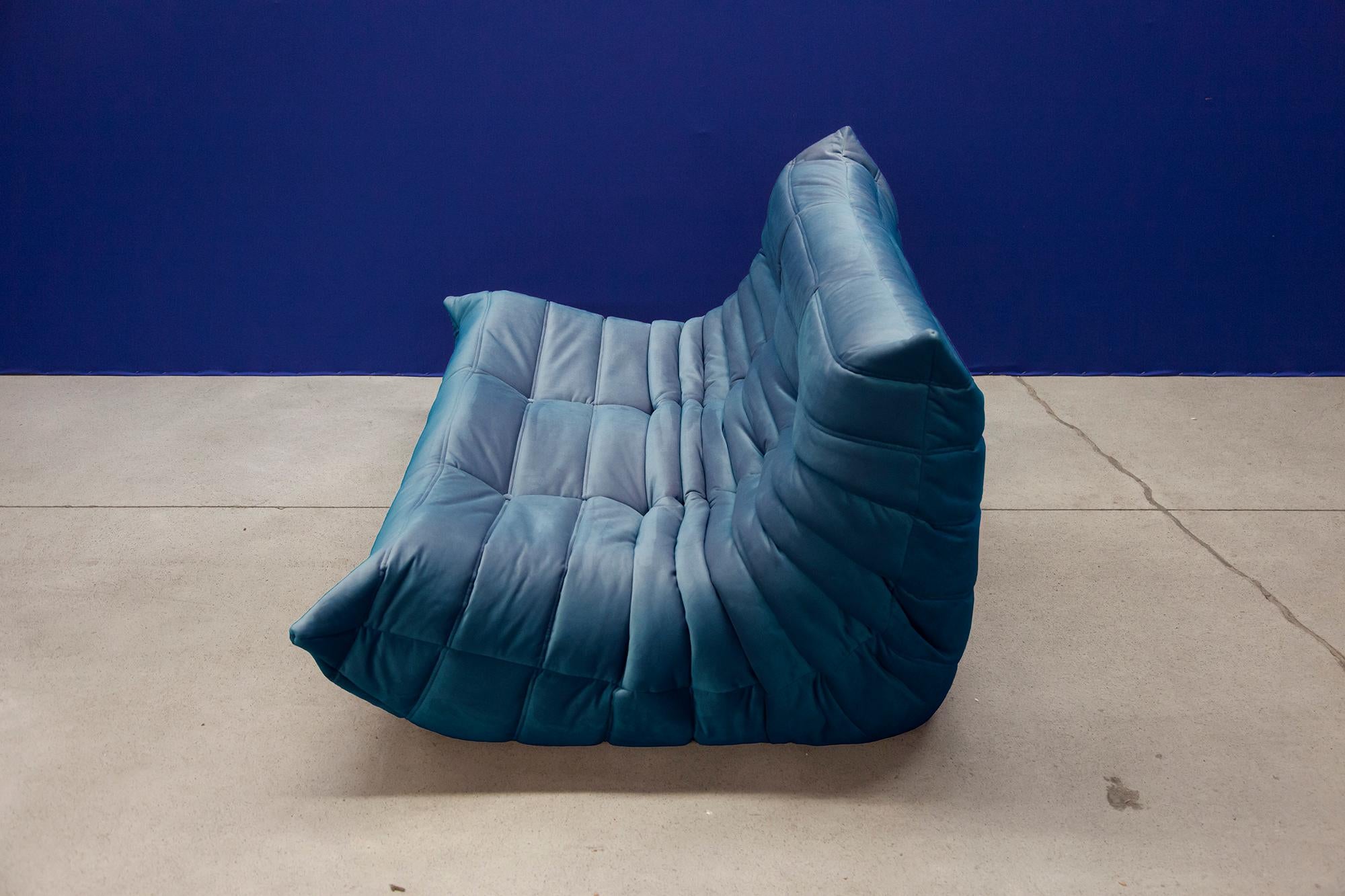 Turquois Velvet Togo Sofa Set by Michel Ducaroy for Ligne Roset, Set of 5 For Sale 4