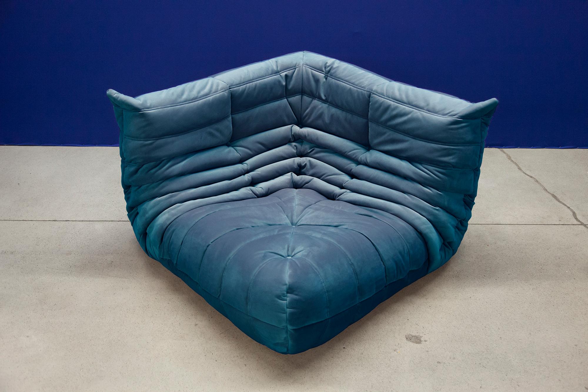 Turquois Velvet Togo Sofa Set by Michel Ducaroy for Ligne Roset, Set of 5 For Sale 7