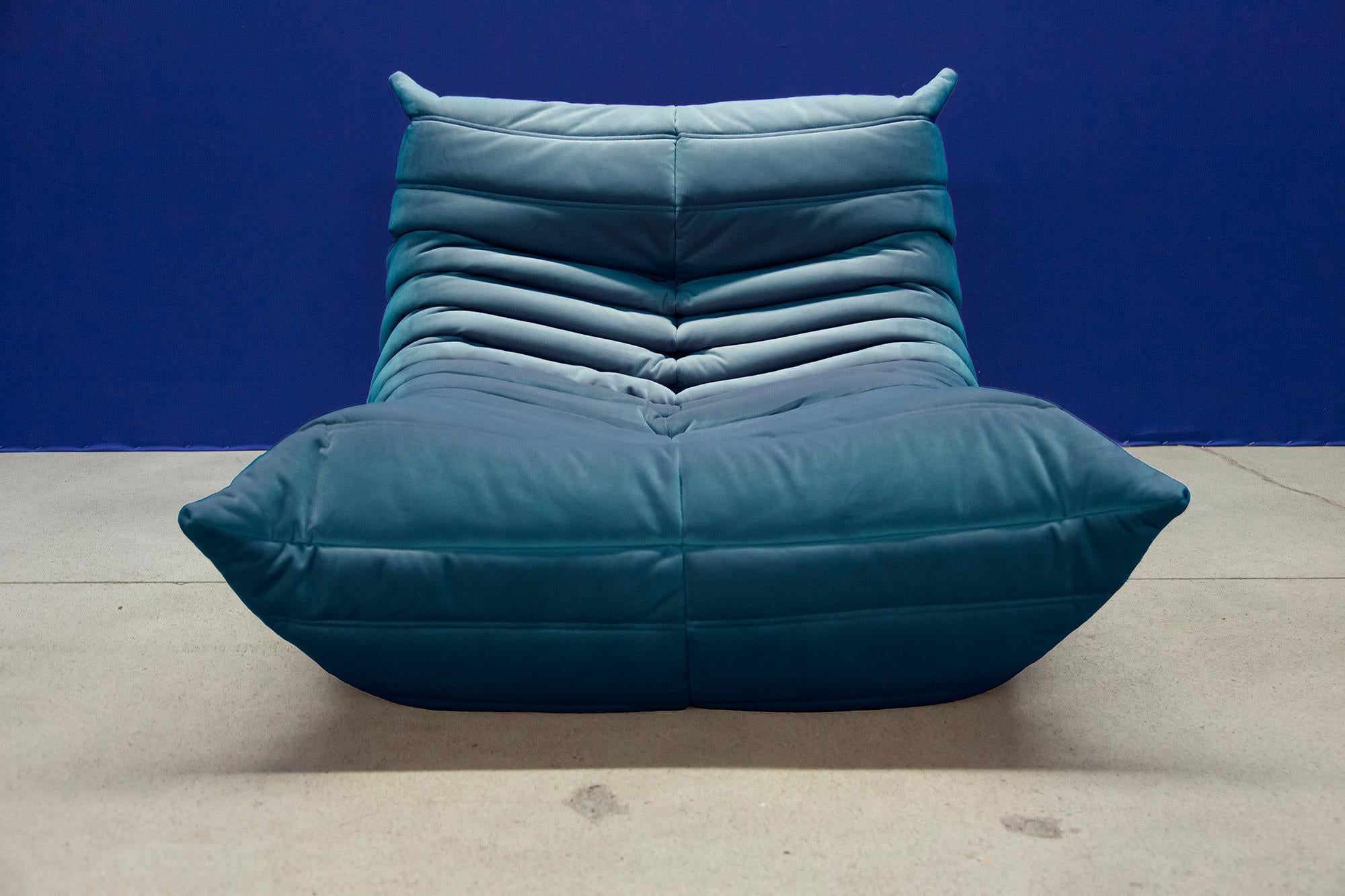 Turquois Velvet Togo Sofa Set by Michel Ducaroy for Ligne Roset, Set of 5 For Sale 8