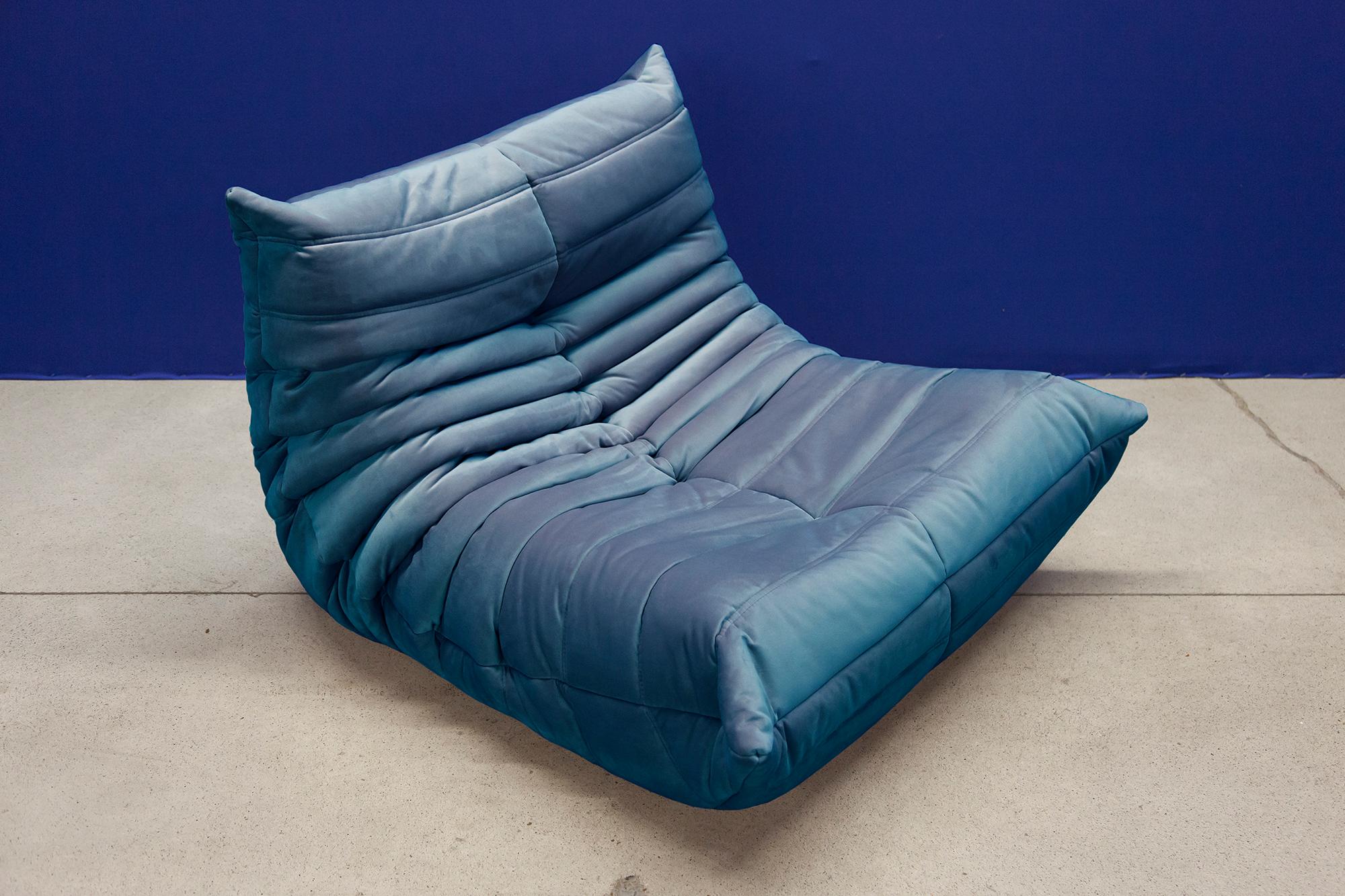 Turquois Velvet Togo Sofa Set by Michel Ducaroy for Ligne Roset, Set of 5 For Sale 9