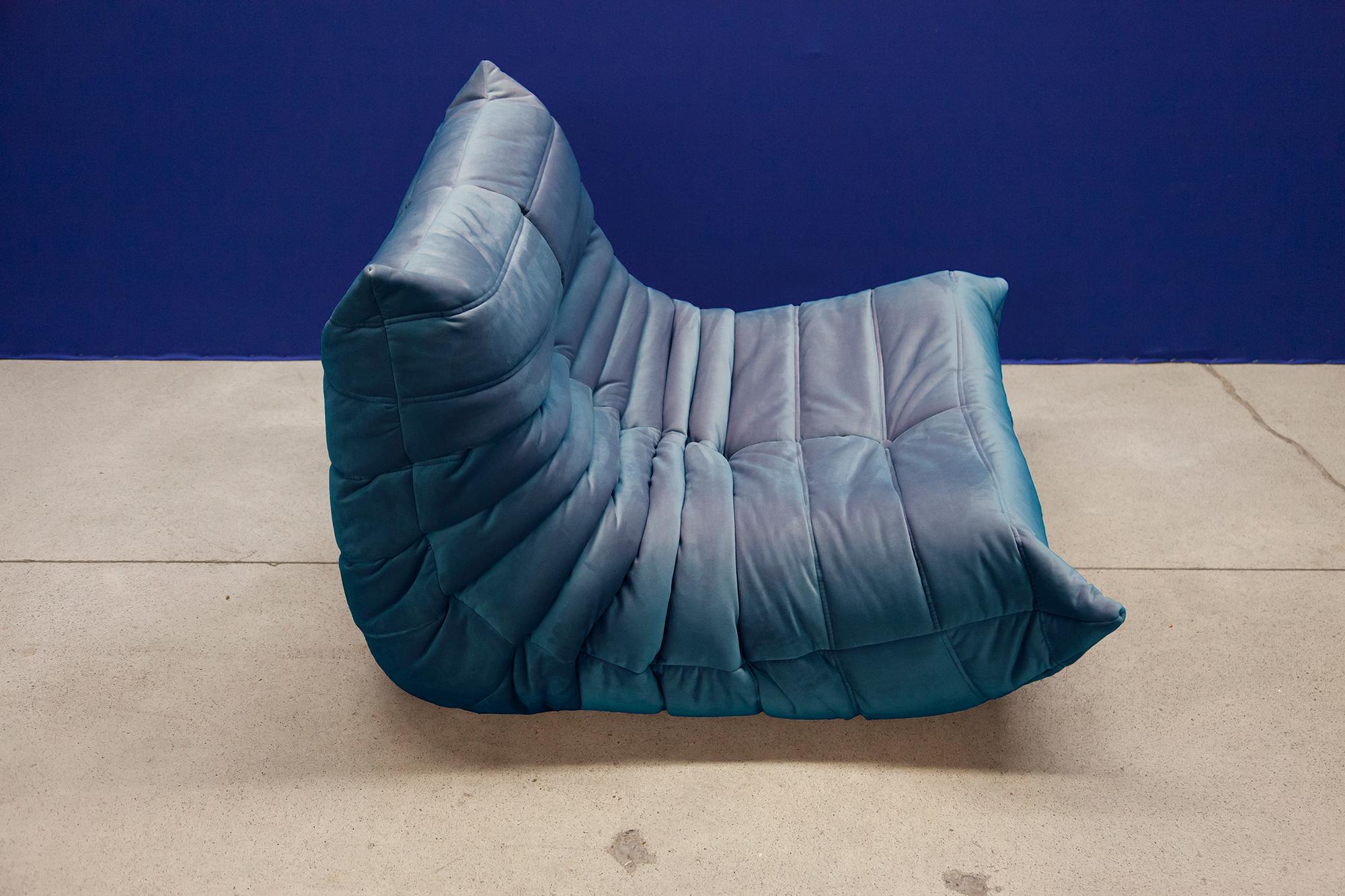 Turquois Velvet Togo Sofa Set by Michel Ducaroy for Ligne Roset, Set of 5 For Sale 10