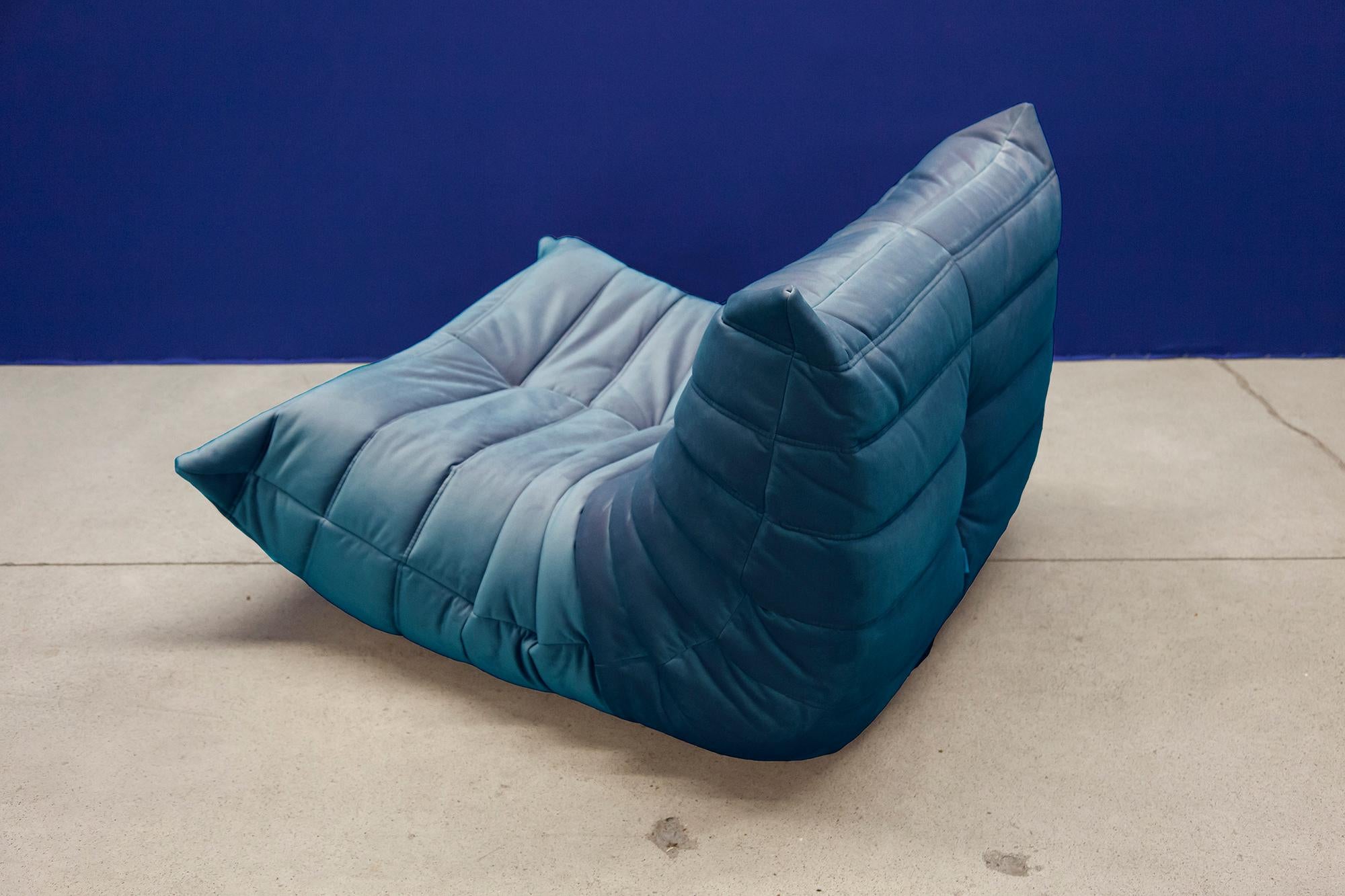 Turquois Velvet Togo Sofa Set by Michel Ducaroy for Ligne Roset, Set of 5 For Sale 11