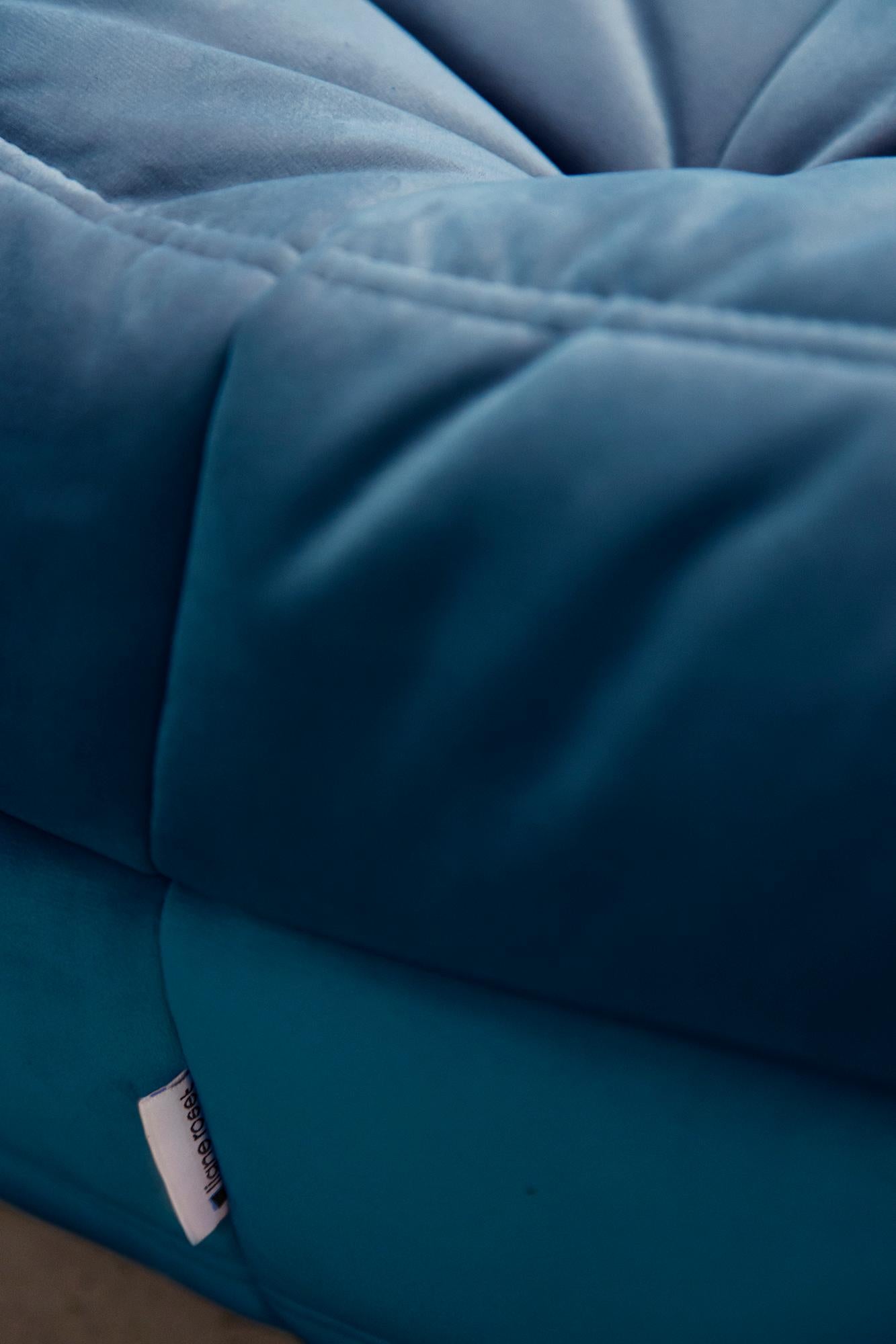 Turquois Velvet Togo Sofa Set by Michel Ducaroy for Ligne Roset, Set of 5 For Sale 14