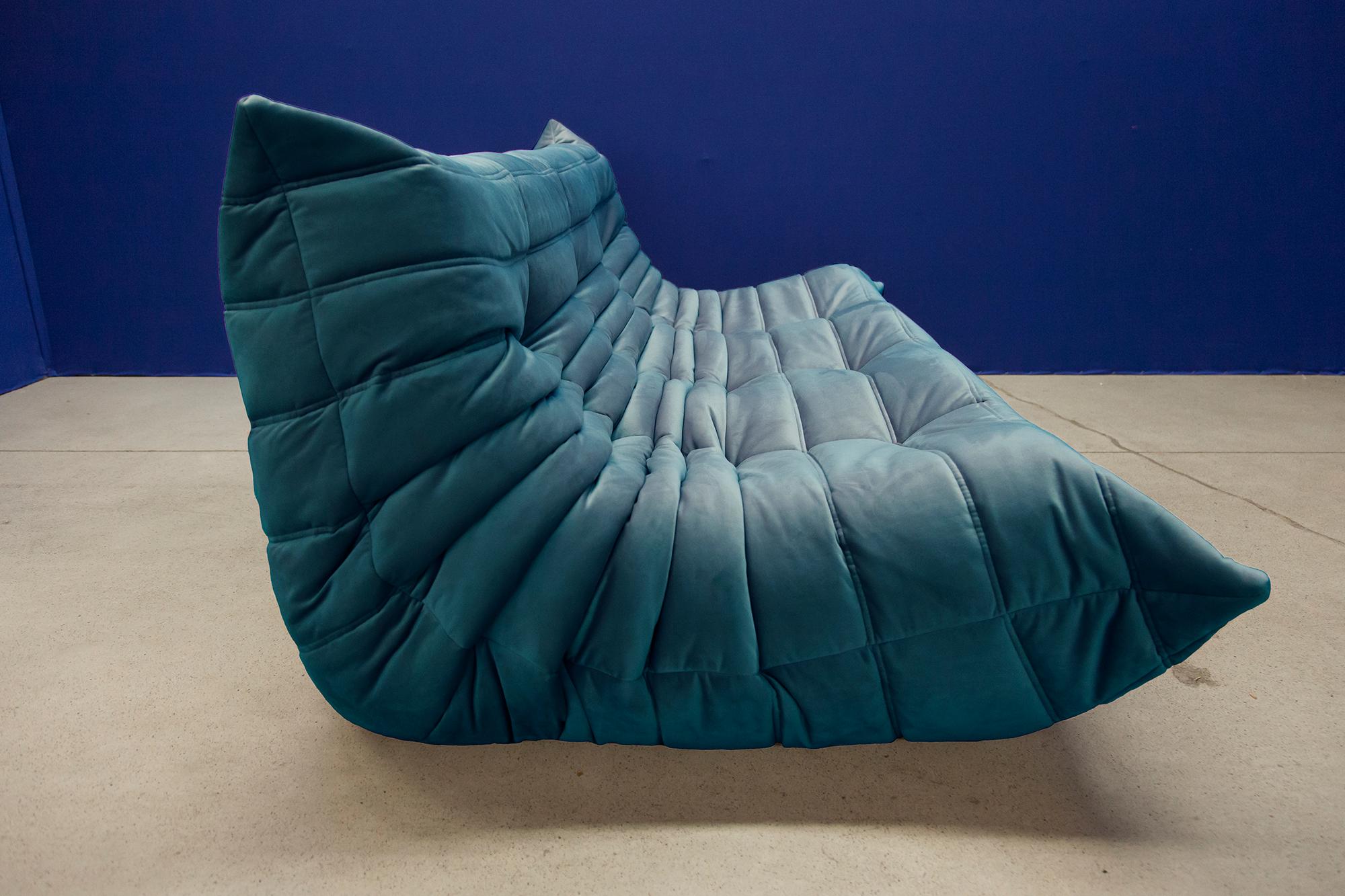French Turquois Velvet Togo Sofa Set by Michel Ducaroy for Ligne Roset, Set of 5 For Sale