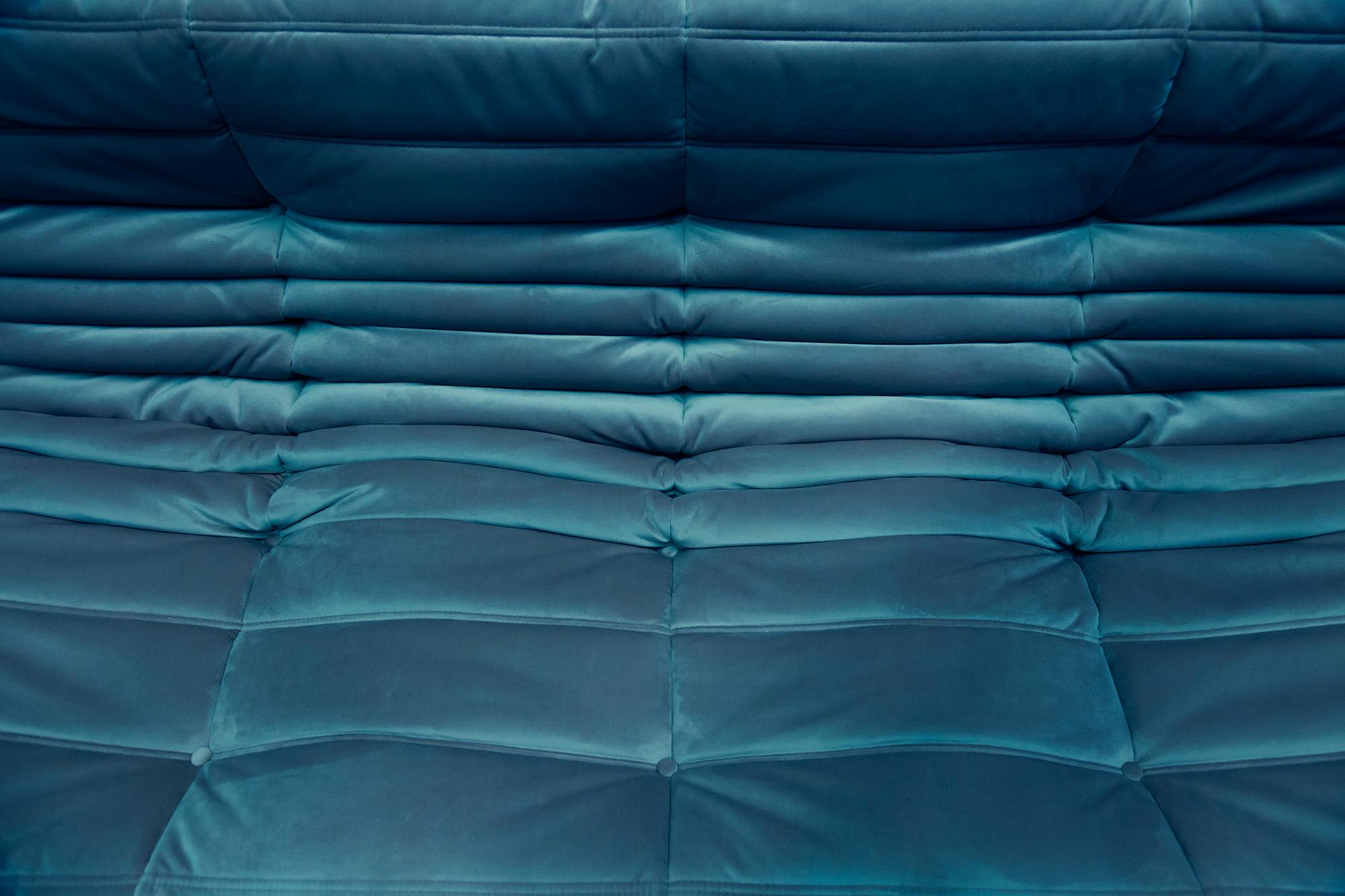 Late 20th Century Turquois Velvet Togo Sofa Set by Michel Ducaroy for Ligne Roset, Set of 5 For Sale