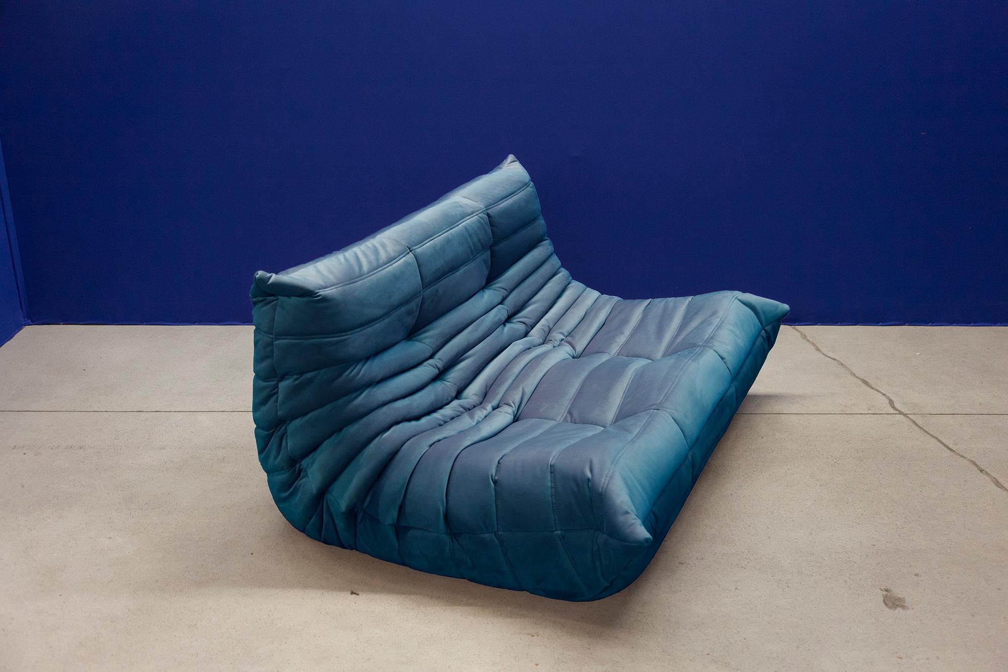Turquois Velvet Togo Sofa Set by Michel Ducaroy for Ligne Roset, Set of 5 For Sale 2