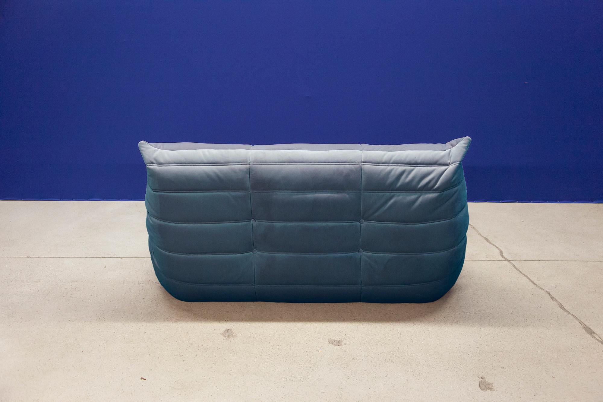 Turquois Velvet Togo Sofa Set by Michel Ducaroy for Ligne Roset, Set of 5 For Sale 3
