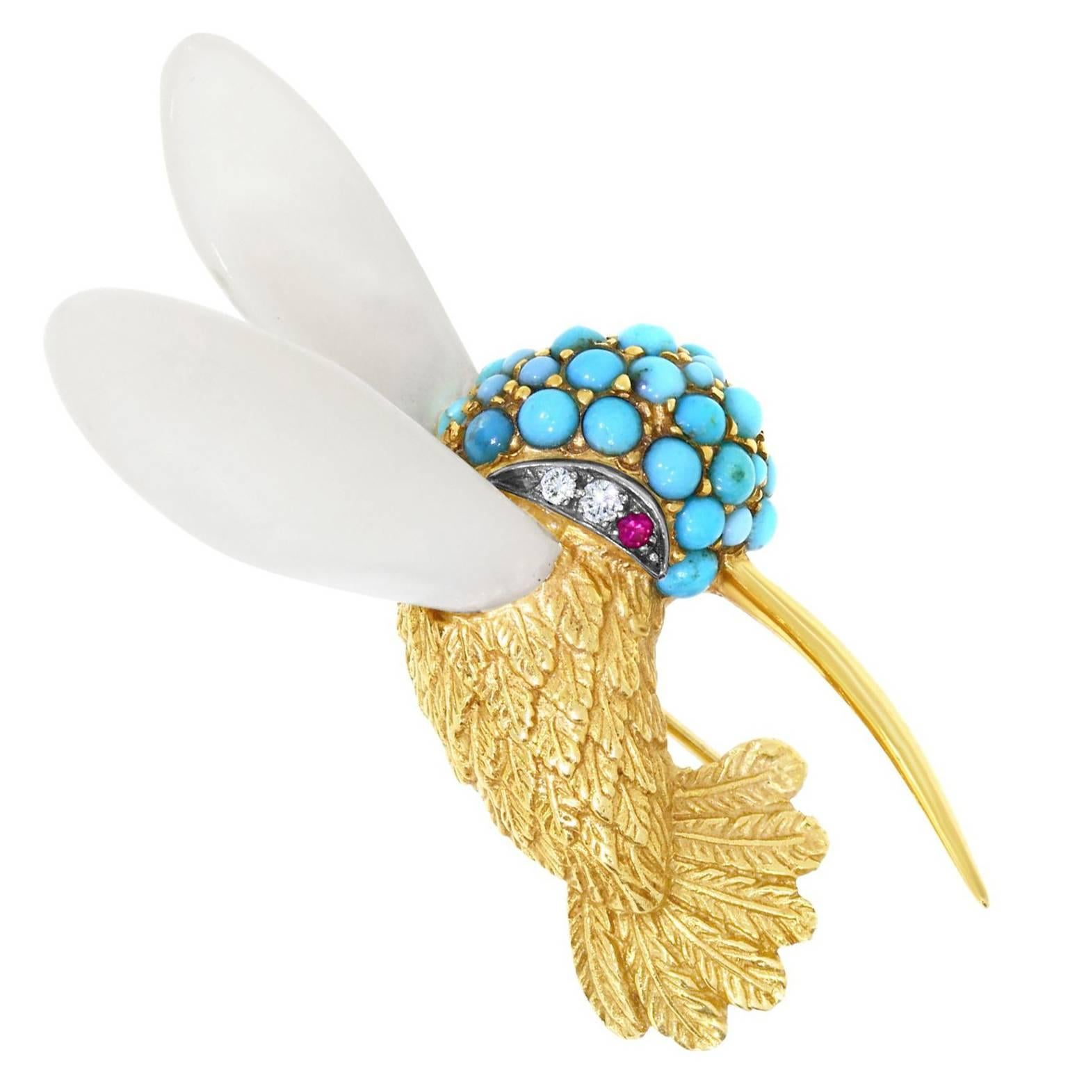 Turquoise, Mother-of-Pearl, Ruby and Diamond Set Hummingbird Brooch For Sale