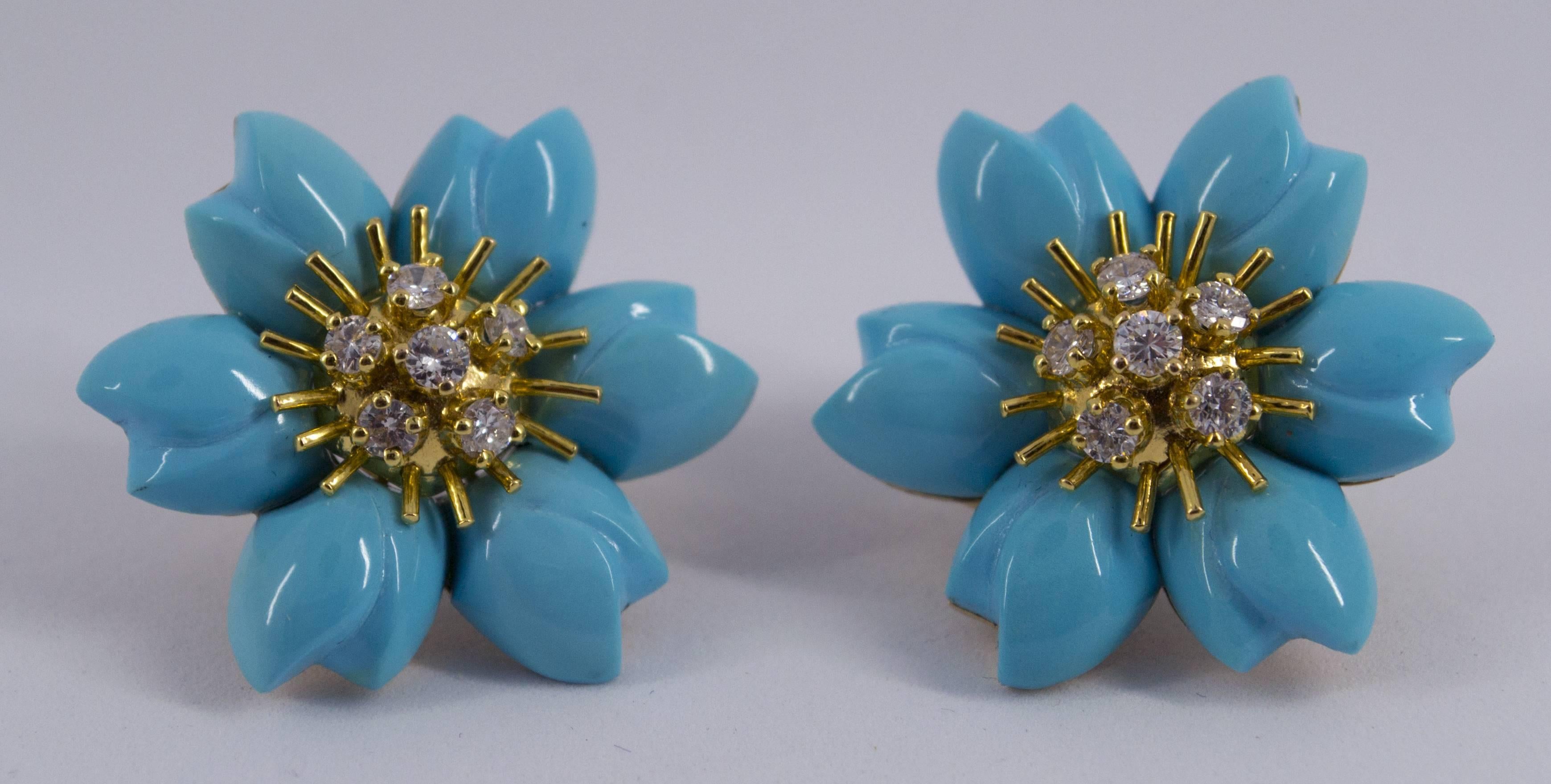 Art Nouveau Turquoise 0.78 Carat White Diamond Yellow Gold Flower Dangle Clip-On Earrings