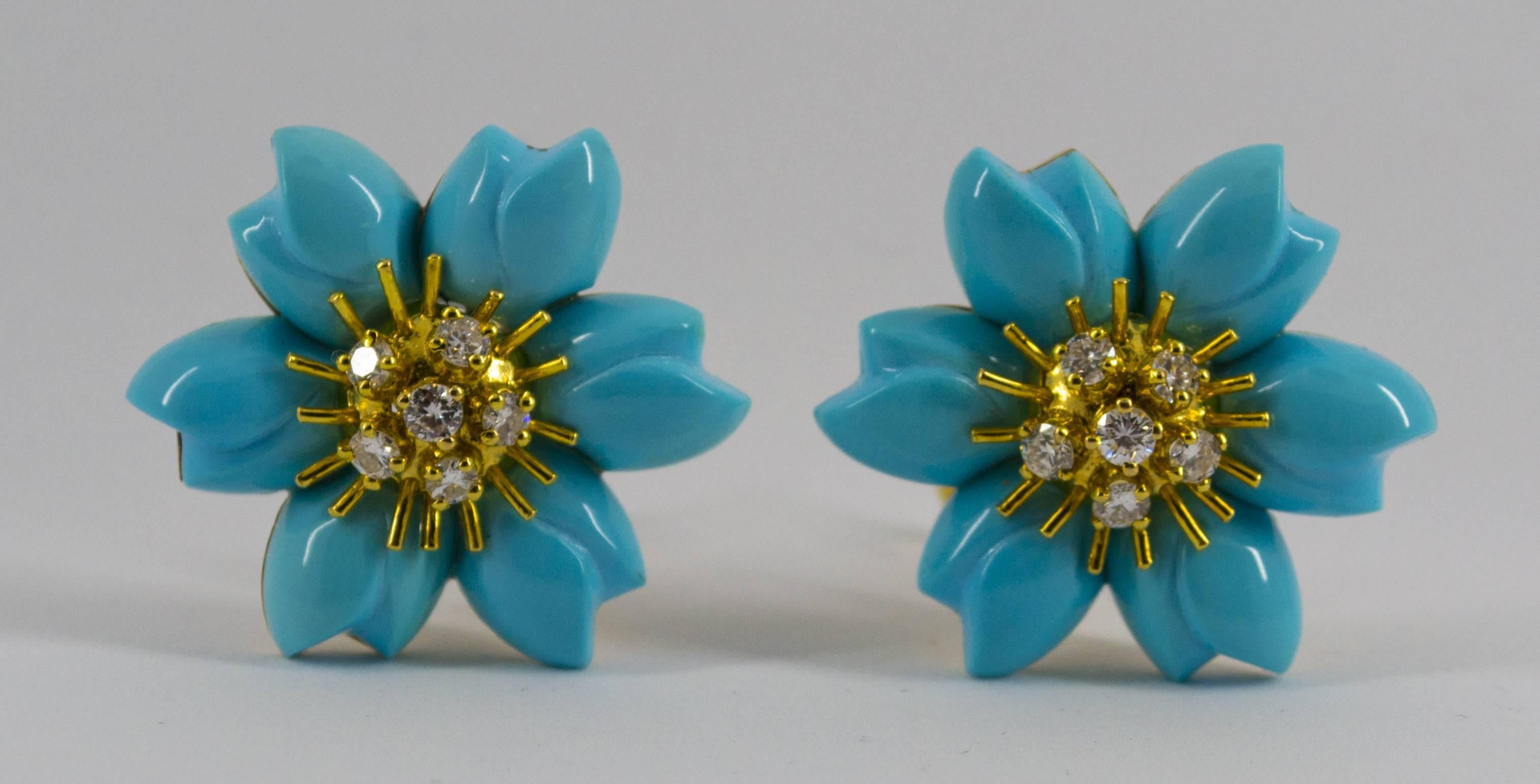Turquoise 0.78 Carat White Diamond Yellow Gold Flower Dangle Clip-On Earrings In New Condition In Naples, IT